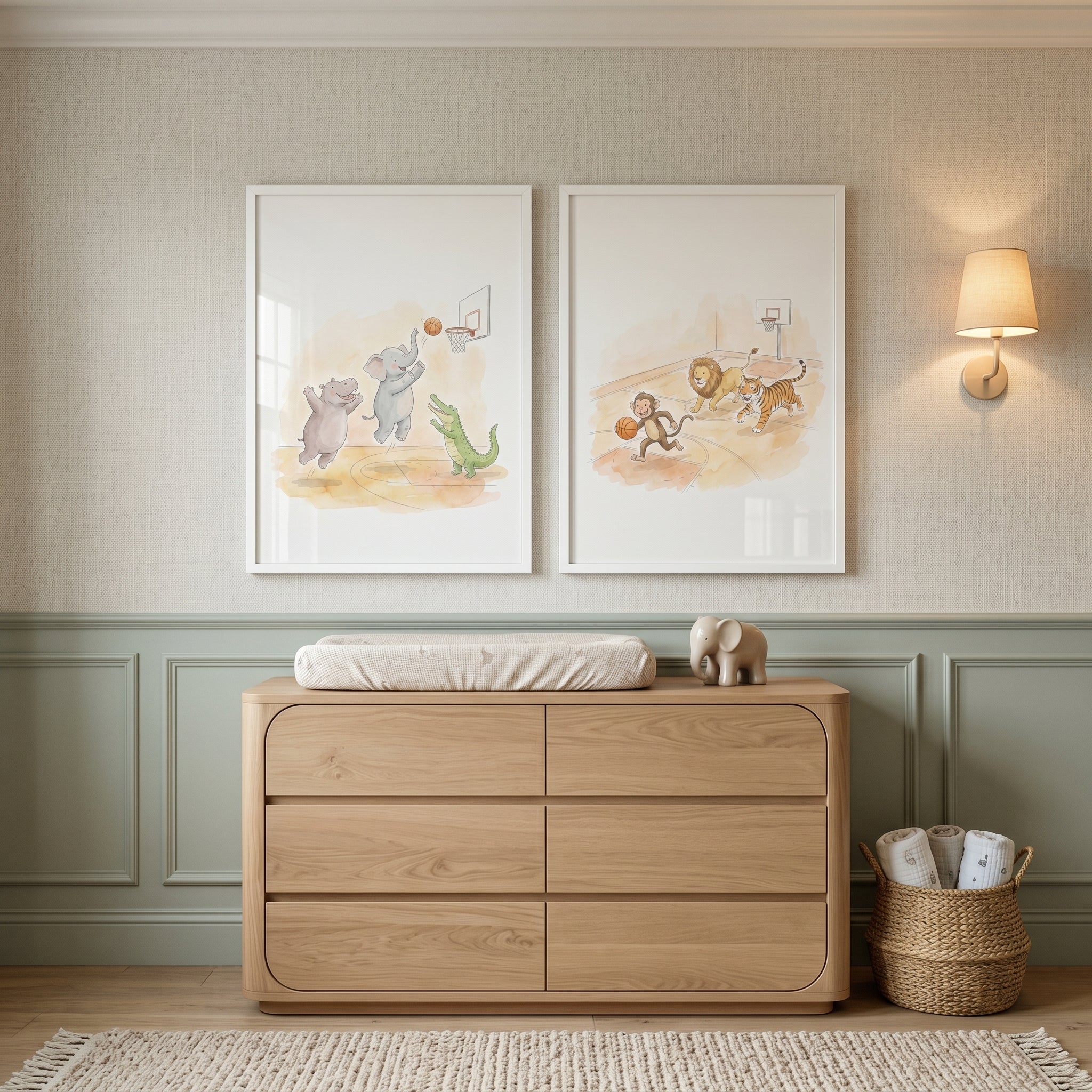 Watercolor Basketball Safari Animals Wall Art Set of 2 - Wild Animal Hoops