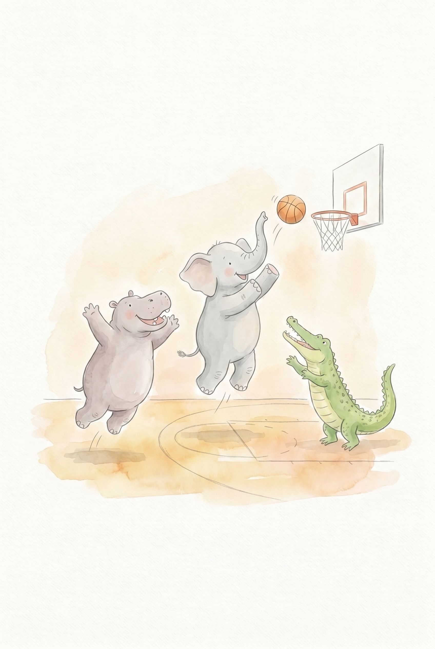 Watercolor Basketball Safari Animals Wall Art - Jungle Court Fun