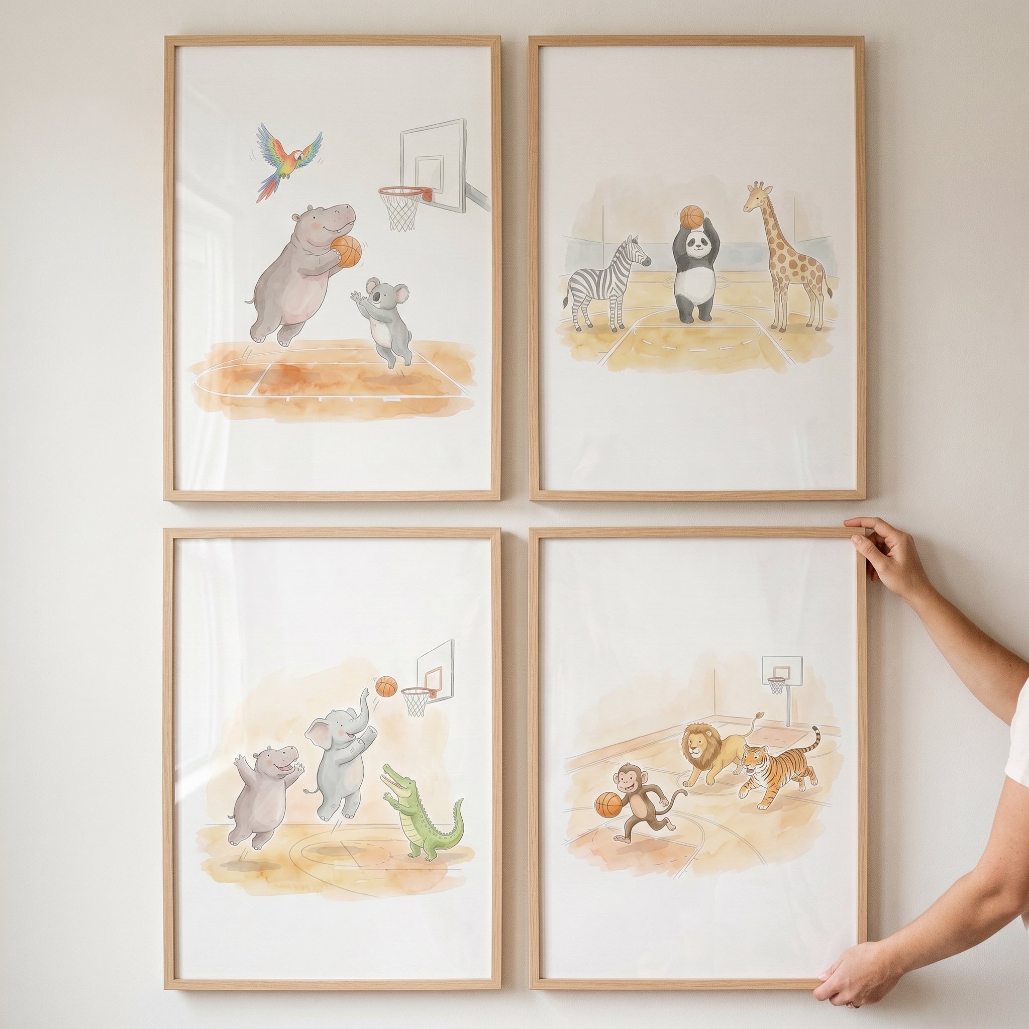 Watercolor Basketball Wild Animals Artwork Set of 4 - Wild Hoop Fun