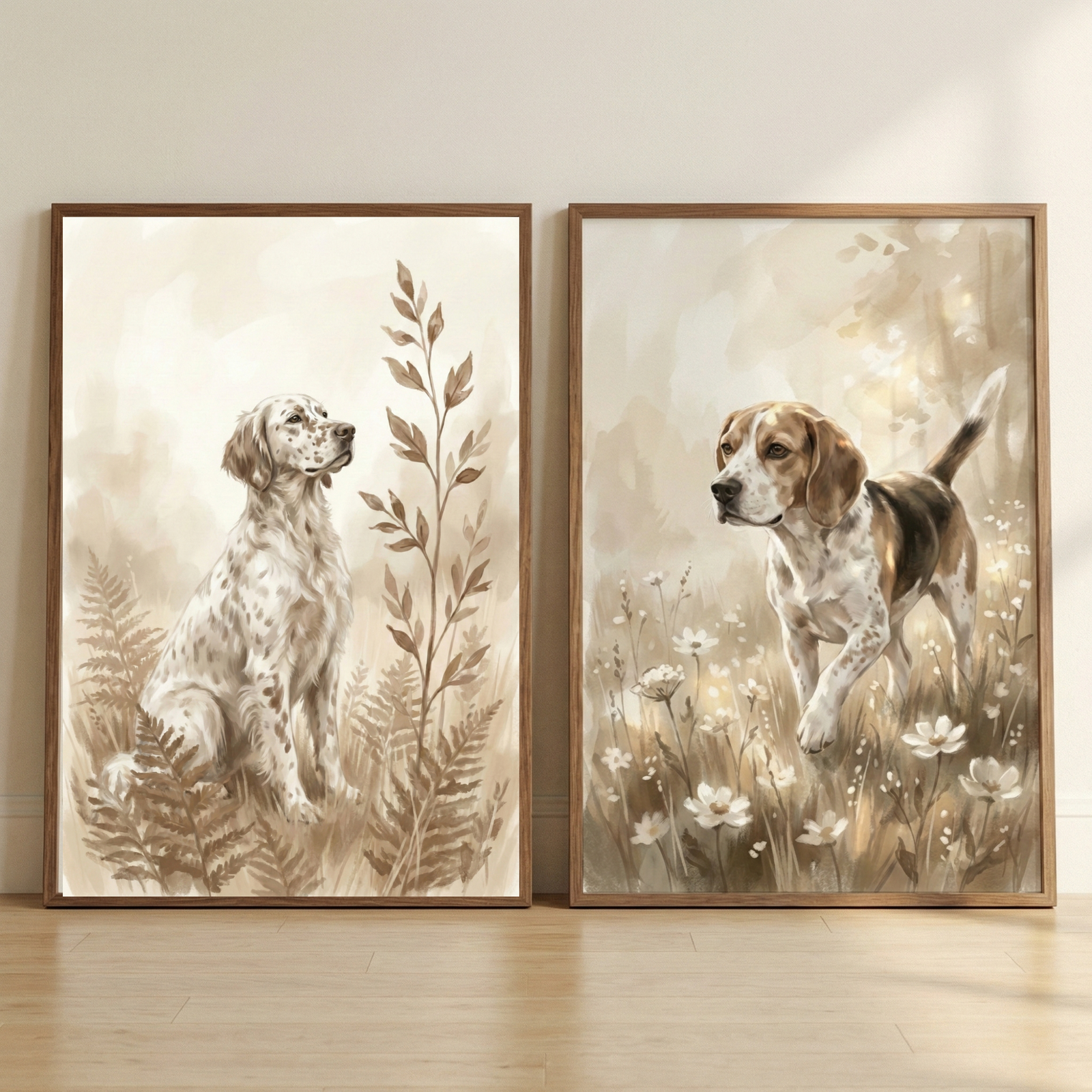 Two framed sepia toned watercolor style dog illustrations leaning against a wall on a wooden floor. One shows a spotted hunting dog sitting among ferns and plants while the other shows a similar dog walking through a meadow of small white flowers.