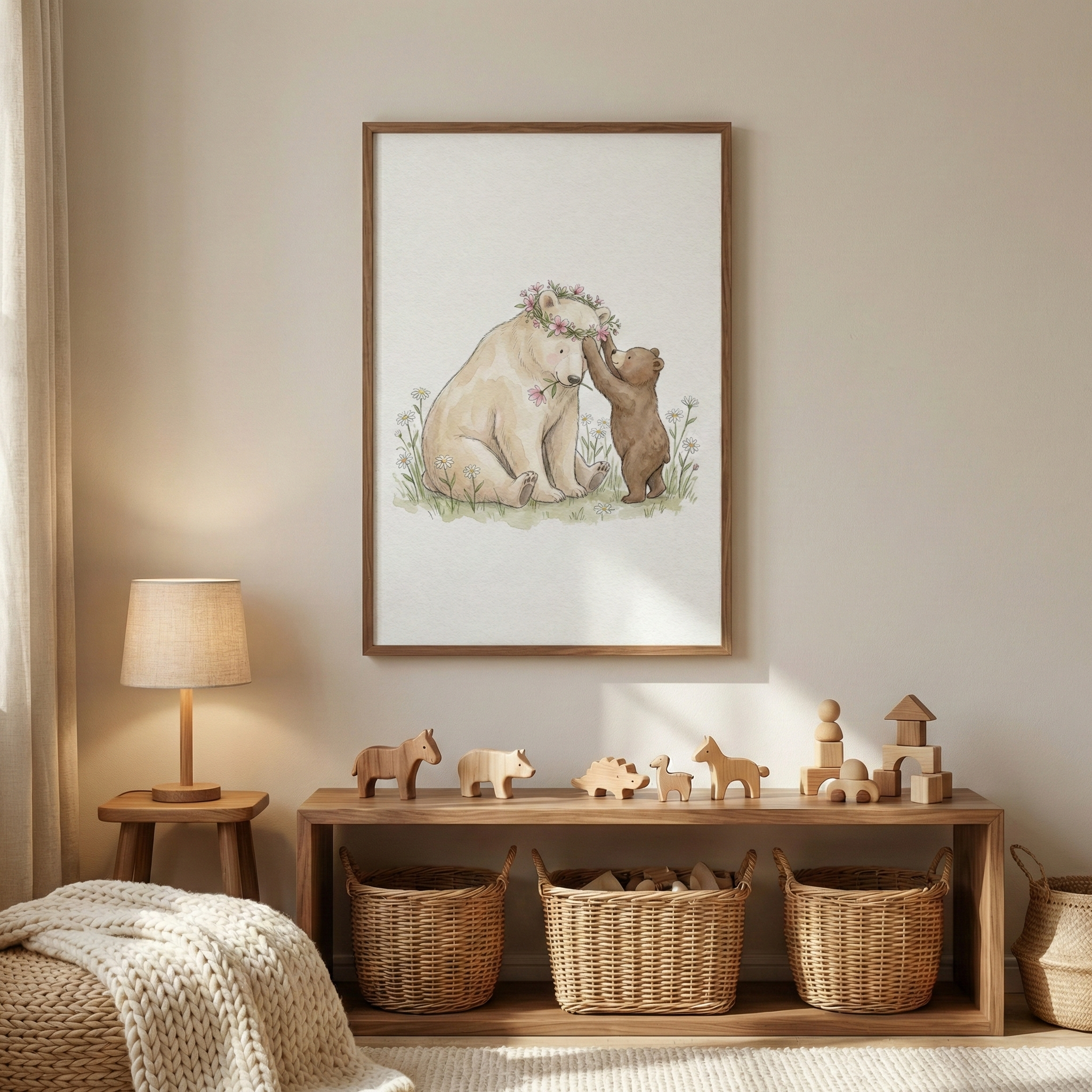 A serene nursery features a framed piece of illustrative art showing a large cream bear with a flower crown and a small brown cub reaching up to it. The art hangs over a wooden shelf lined with simple wooden animal toys and building blocks. Below the shelf are three woven wicker baskets. To the left, a small wooden stool holds a lamp with a neutral shade. A textured throw blanket rests on a woven pouf in the corner. The room is decorated in soft, natural tones of beige and wood.