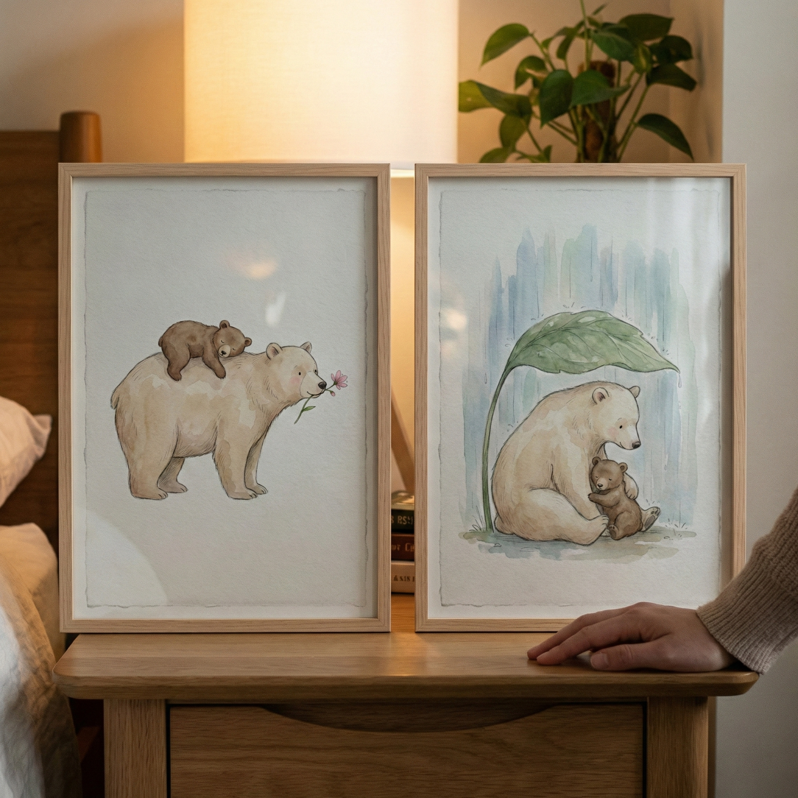Two framed watercolor illustrations of a polar bear and cub displayed on a wooden nightstand beside a lamp and houseplant. One print shows a cub resting on the mother bear holding a pink flower and the other shows the pair cuddling under a large green leaf in the rain creating soft woodland nursery wall art.