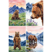 Four watercolor paintings of brown bears in soft mountain landscapes beneath warm pink skies. The scenes include a bear sitting in a wildflower meadow with tall blue mountains behind it, a close side profile of a bear beside purple flowers, a bear standing upright in a misty valley, and a bear drinking from a calm lake with its reflection visible in the water.
