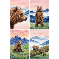  Four watercolor paintings of brown bears in soft mountain landscapes beneath warm pink skies. The scenes include a close side profile portrait of a brown bear, a bear standing upright in a misty meadow with mountains behind it, a bear sitting in a colorful wildflower field beneath tall blue peaks, and two playful bear cubs climbing on a fallen log in a grassy hillside with distant misty mountains and birds flying overhead.