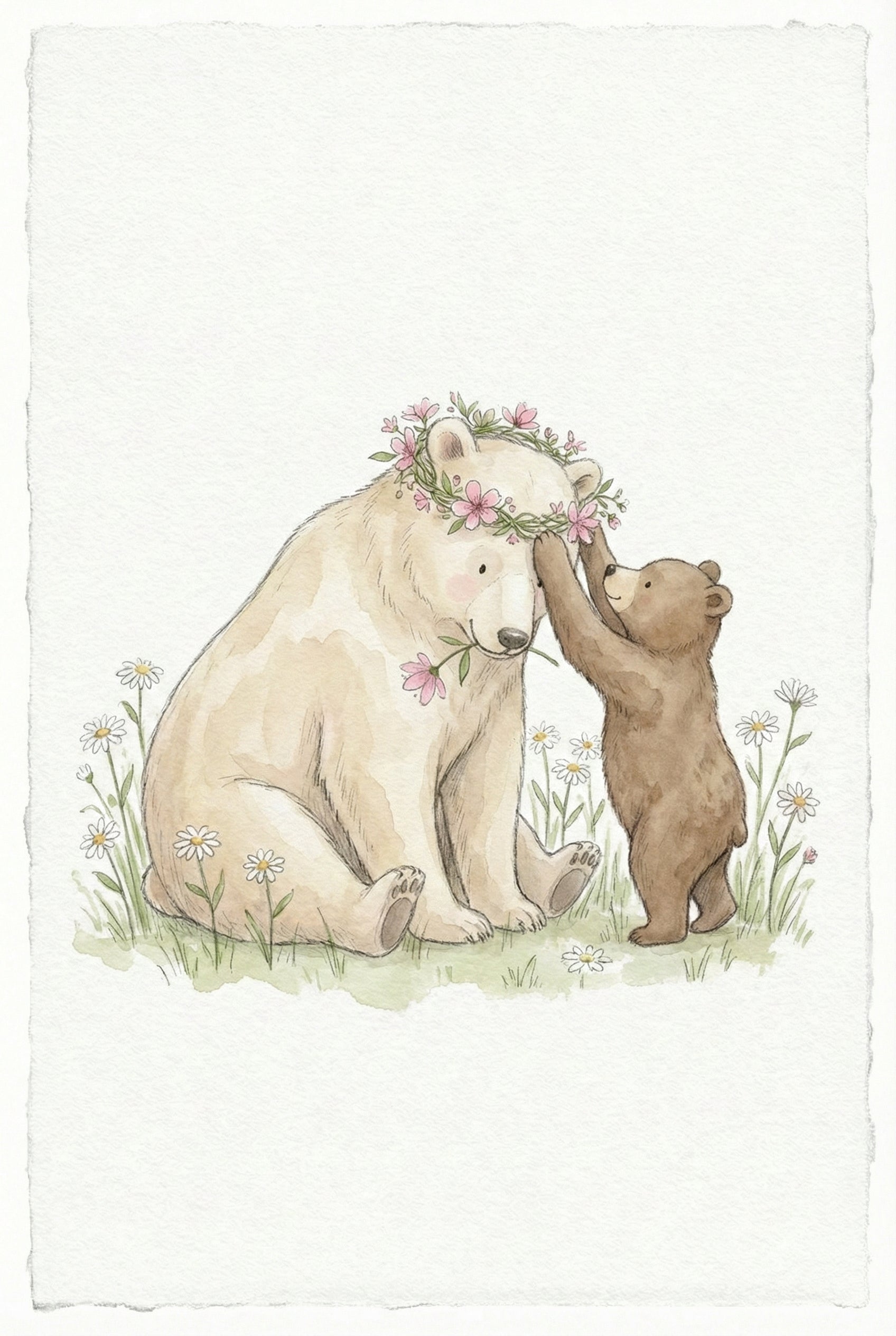 A gentle watercolor-style illustration on a white textured background depicts a large cream-colored bear sitting in a grassy field. A small brown bear cub stands on its hind legs, reaching up to tenderly place a crown made of delicate pink flowers and green vines on the larger bear's head. The large bear has its eyes closed peacefully and holds a single pink blossom in its mouth. White daisies are scattered throughout the soft green grass surrounding the pair.