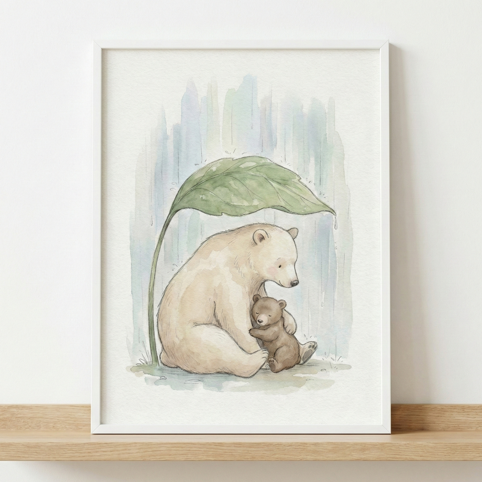 A framed watercolor-style artwork sits on a wooden shelf against a white wall. The illustration depicts a large, cream-colored bear sitting and gently cradling a small brown cub in its lap. Above them, a single large green leaf acts as an umbrella, shielding the pair from a soft rain represented by vertical blue and gray washes in the background. The artwork is rendered in soft, muted tones and is held within a simple white frame, creating a calm and nurturing scene.
