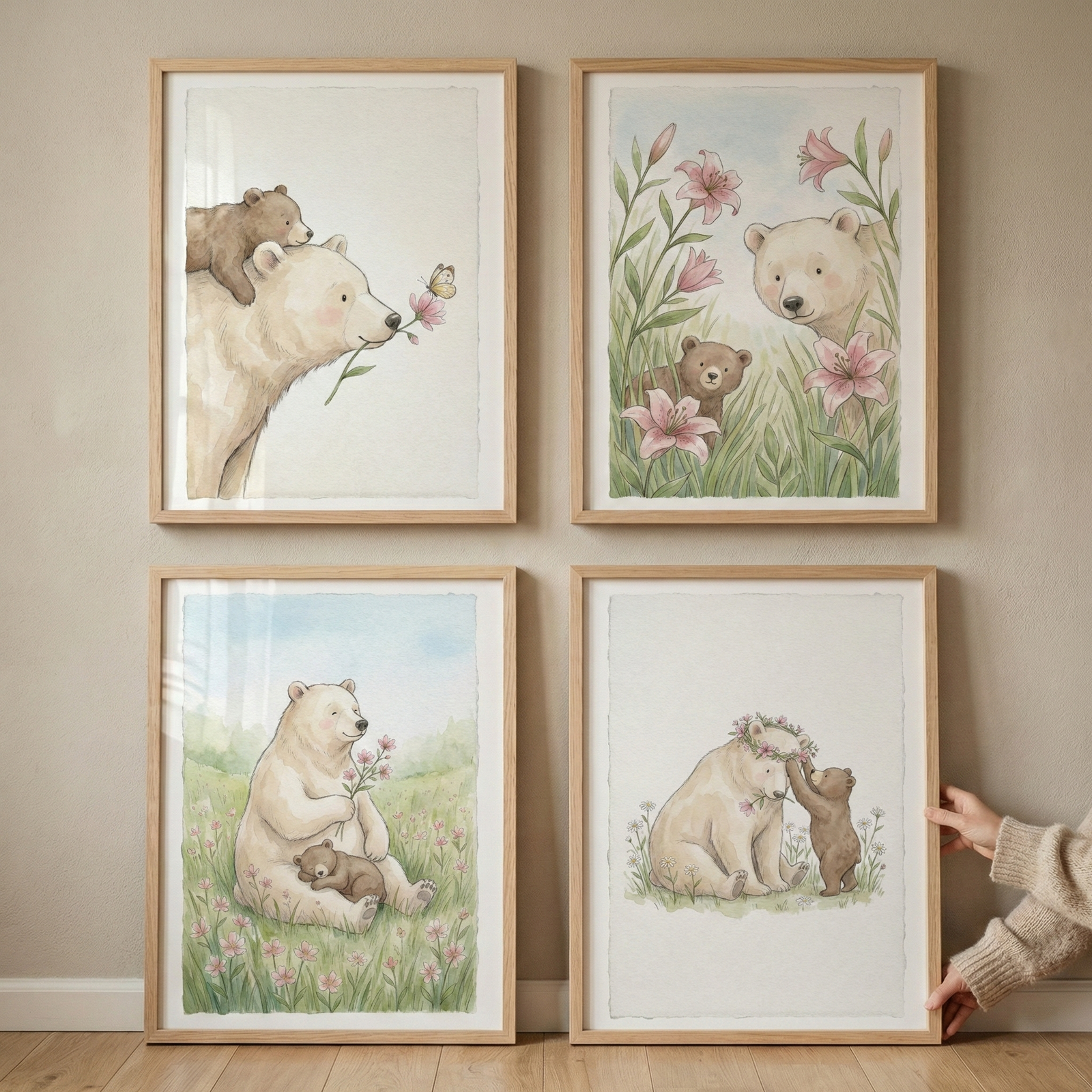 Four framed watercolor illustrations are displayed on a neutral wall. Each artwork features a large cream-colored bear and a small brown cub in gentle, whimsical scenes. One shows the cub on the bear's head as it sniffs a flower; another has them peeking through lilies. A third depicts the cub napping on the bear's lap in a meadow, while the fourth shows the cub placing a floral crown on the bear. The light wood frames complement the soft pastel colors and peaceful nature of the scenes.