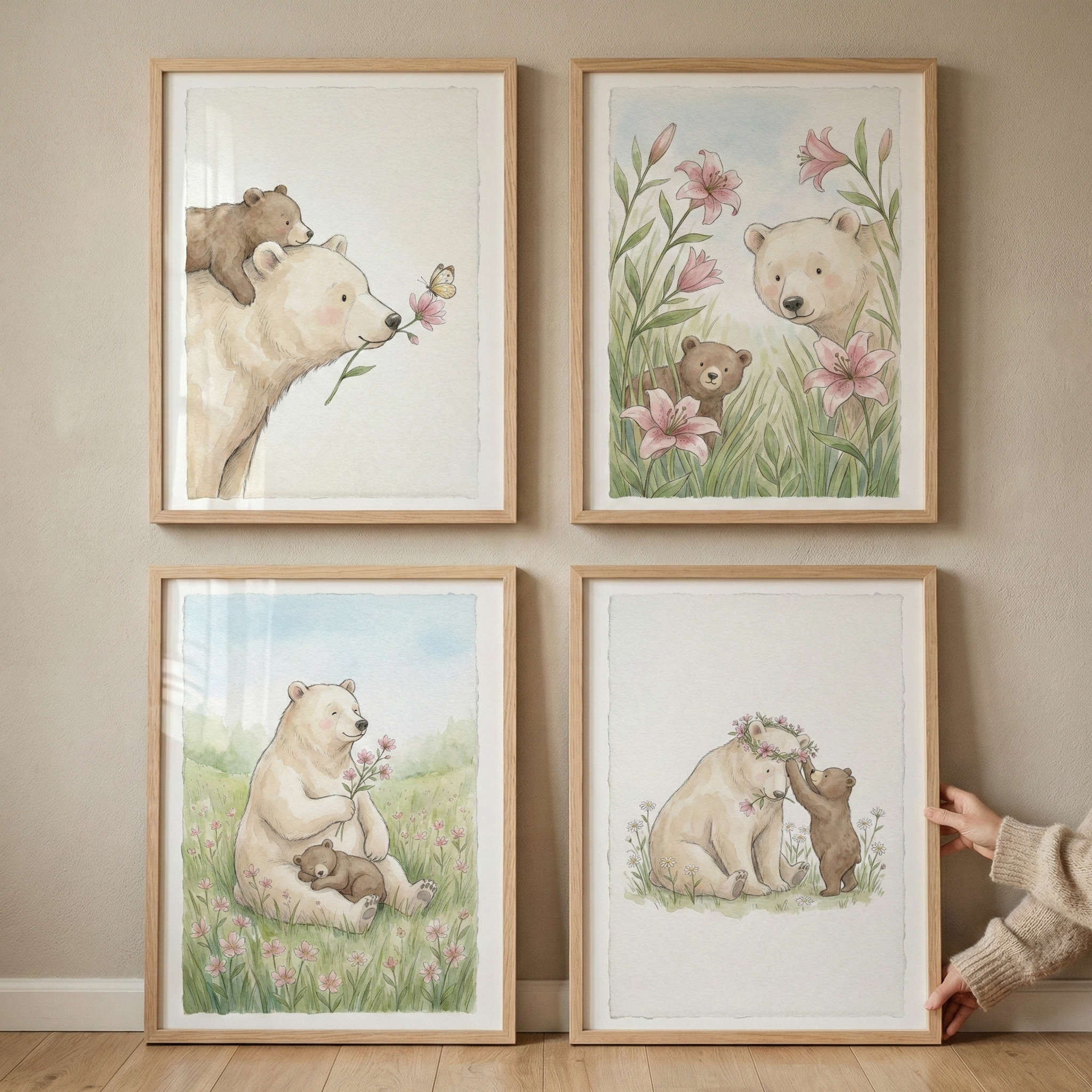 Nursery Bear Wall Art Set of 4 - Whimsical Bear Duo