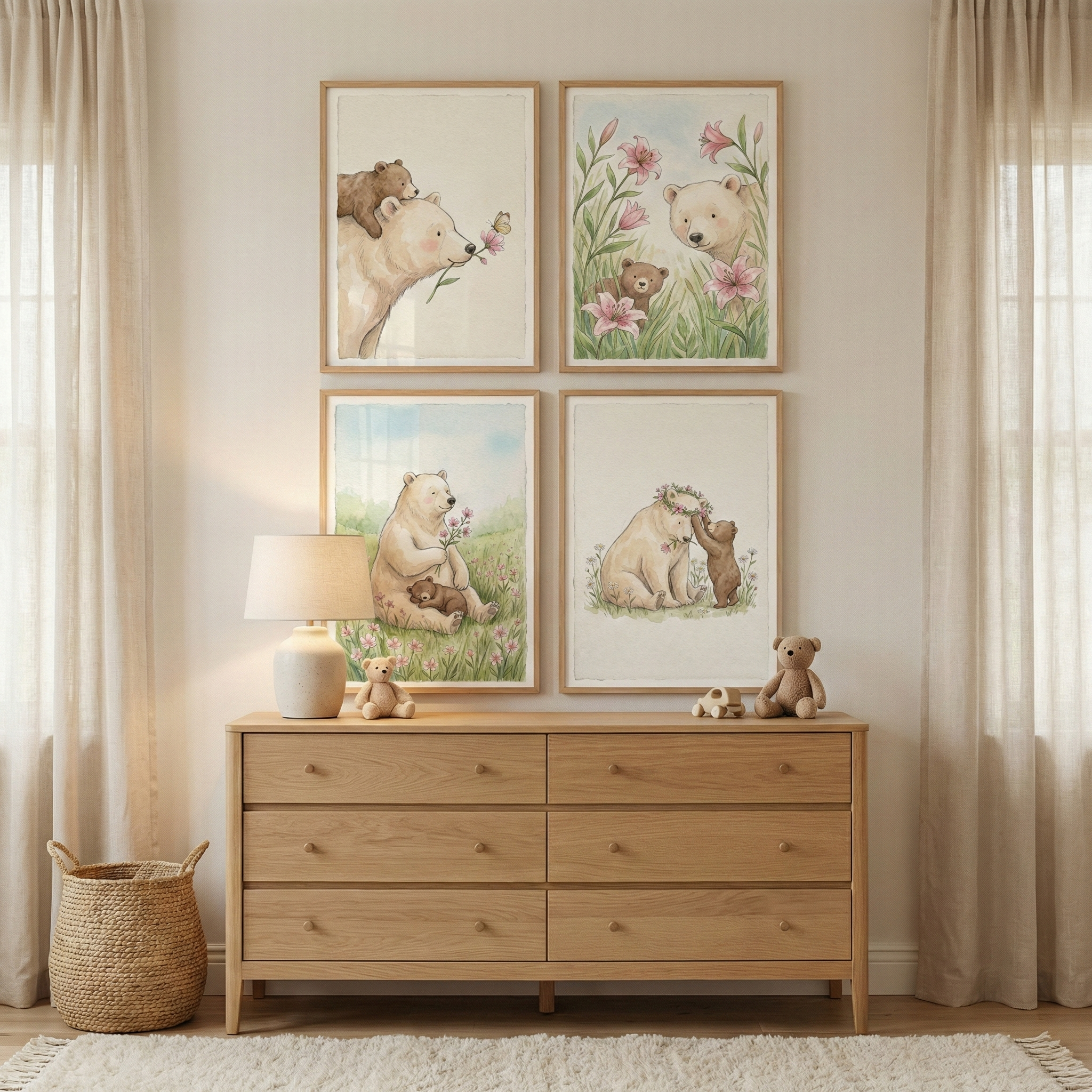 Nursery Bear Wall Art Set of 4 - Whimsical Bear Duo