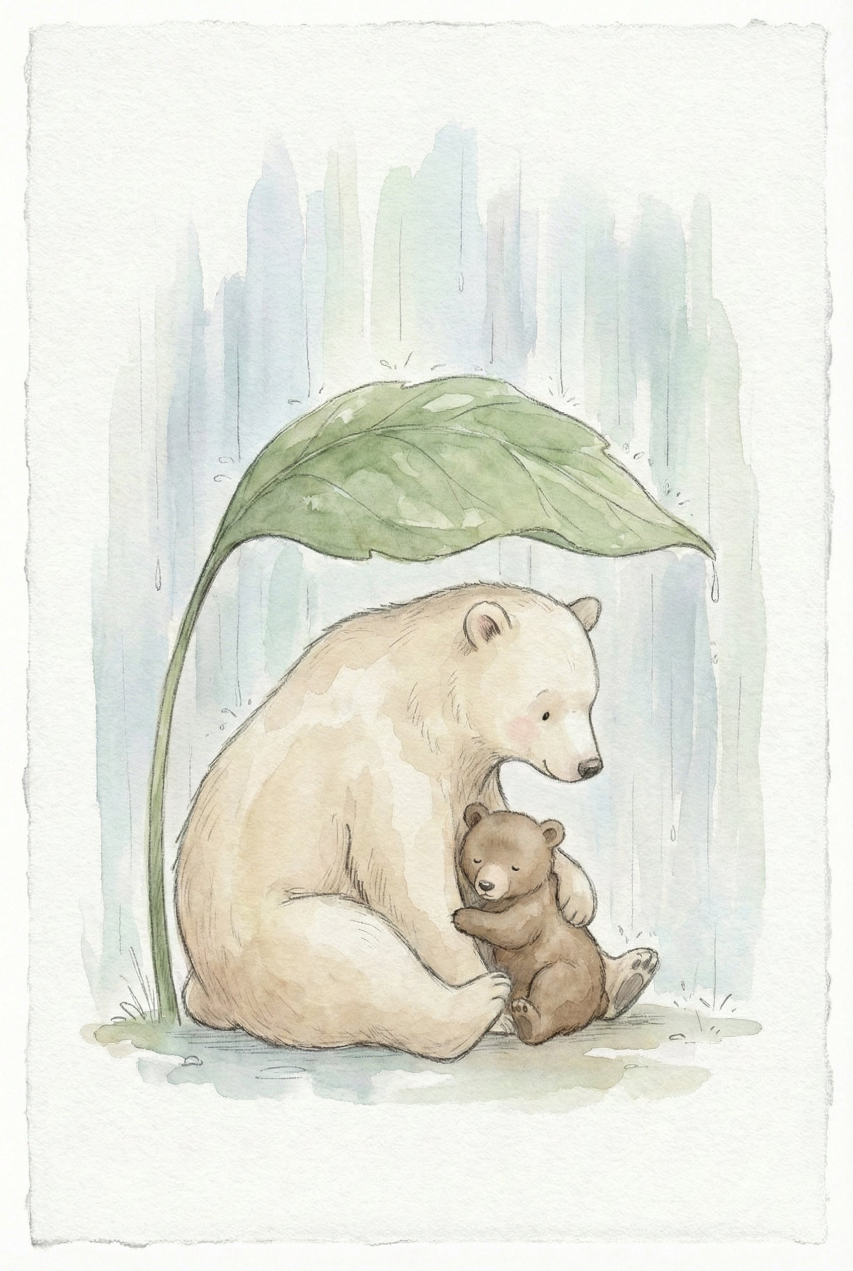 A gentle watercolor illustration depicts a large, off-white bear sitting and sheltering a small brown cub under a massive green leaf. The leaf acts as a natural umbrella against the falling rain, which is shown through soft vertical blue and grey washes in the background. The large bear holds the cub close in a protective embrace, and both animals appear calm and cozy. The artwork uses a muted pastel palette and soft line work to create a serene, heartwarming atmosphere of protection.