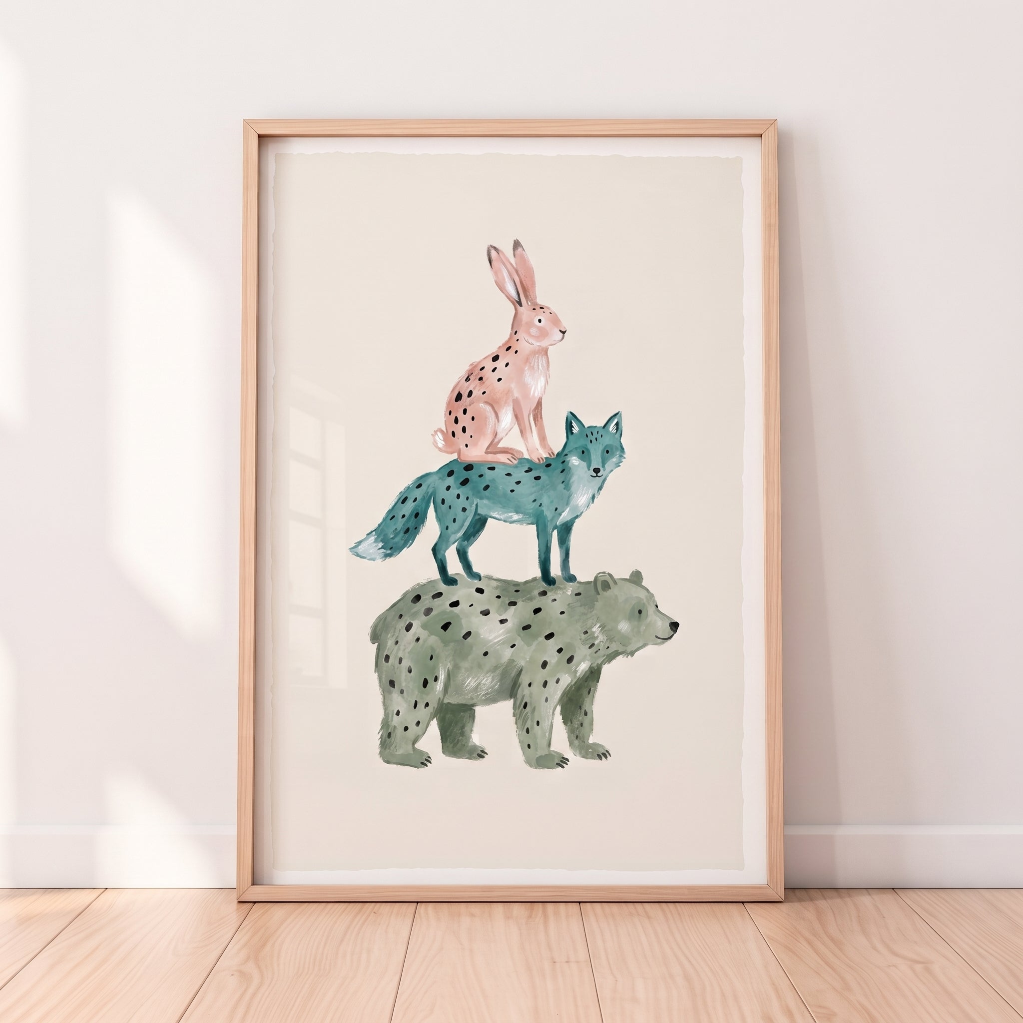 Watercolor Bear Fox Rabbit Wall Art - Stacked Forest Friends