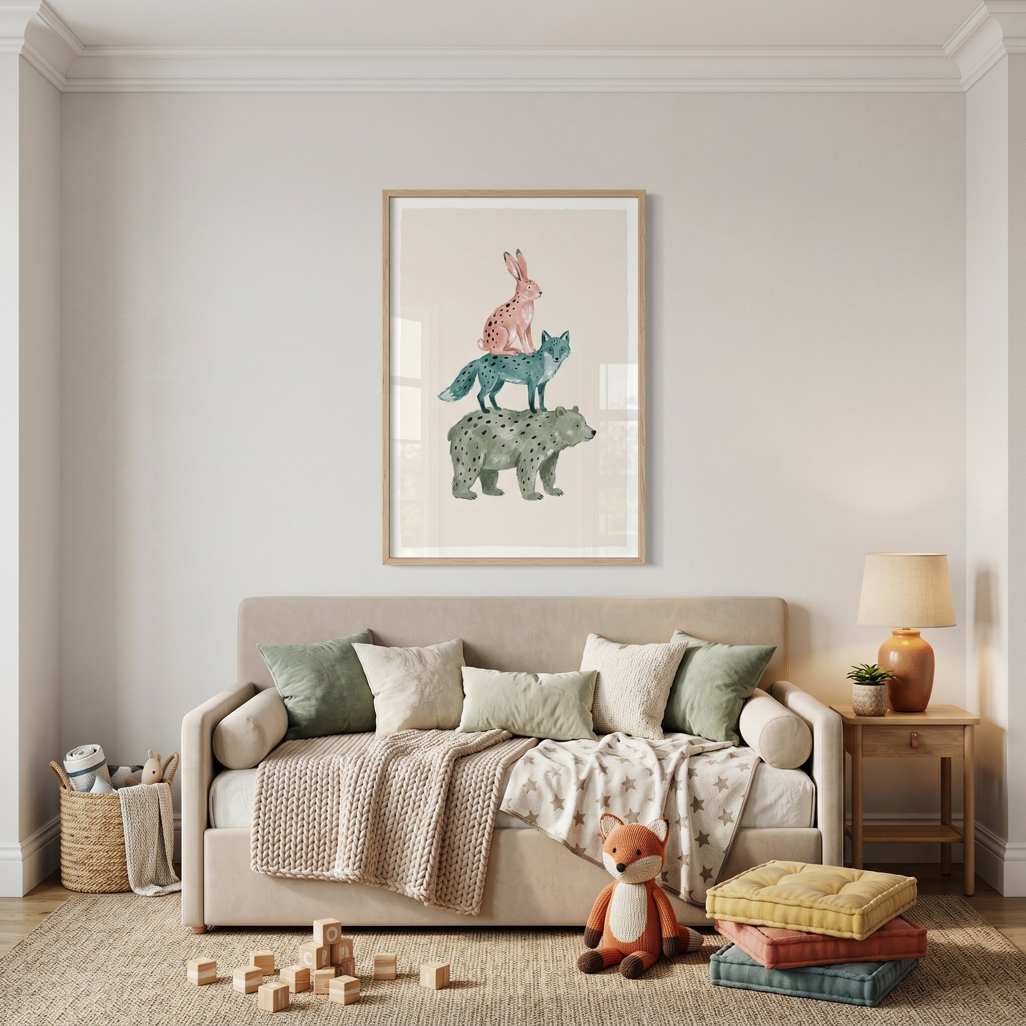 Watercolor Bear Fox Rabbit Wall Art - Stacked Forest Friends