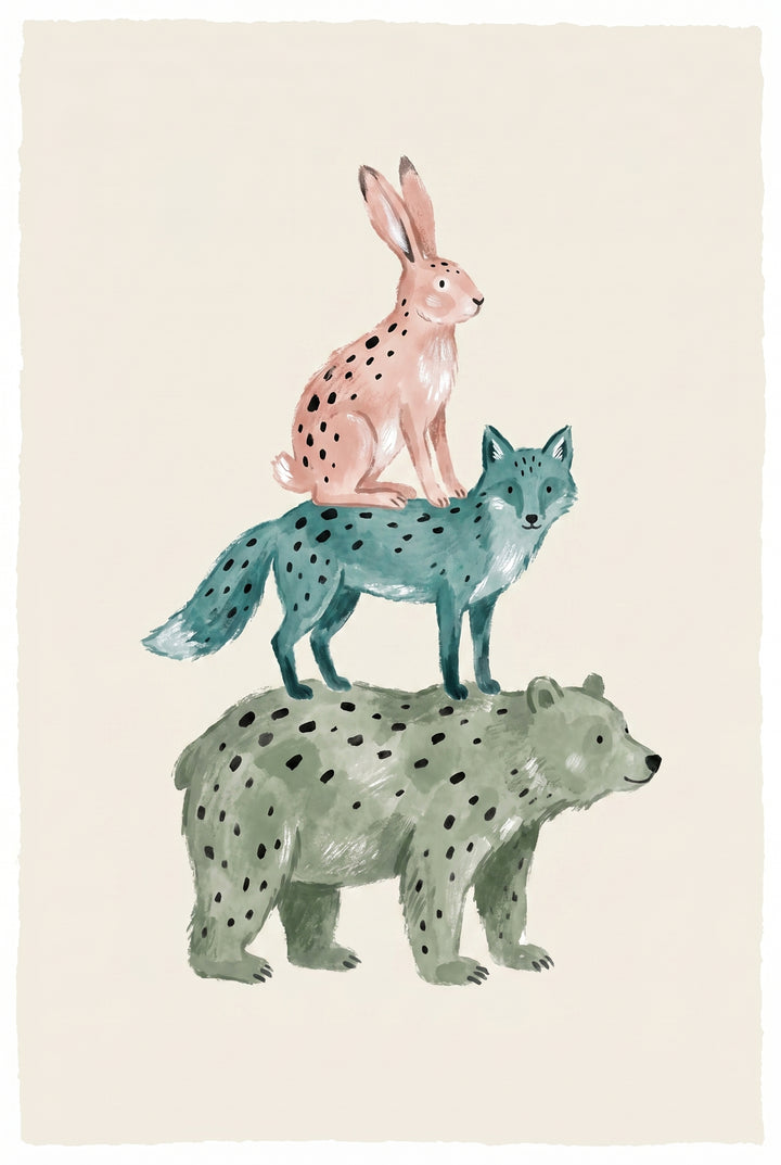 Spotted pink rabbit, blue fox, and green bear stacked in this watercolor bear fox rabbit wall art.