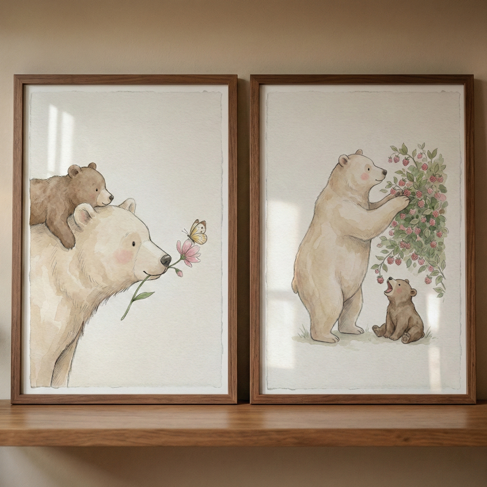 Two wooden-framed watercolor-style illustrations sit on a light wood shelf against a neutral wall. The left illustration shows a large cream-colored bear carrying a small brown cub on its back, holding a pink flower in its mouth as a butterfly flutters nearby. The right illustration depicts the large bear standing on its hind legs to reach for berries on a leafy bush, while the cub sits below with its mouth open. A person wearing a beige knit sweater is partially visible on the right, viewing the artwork.
