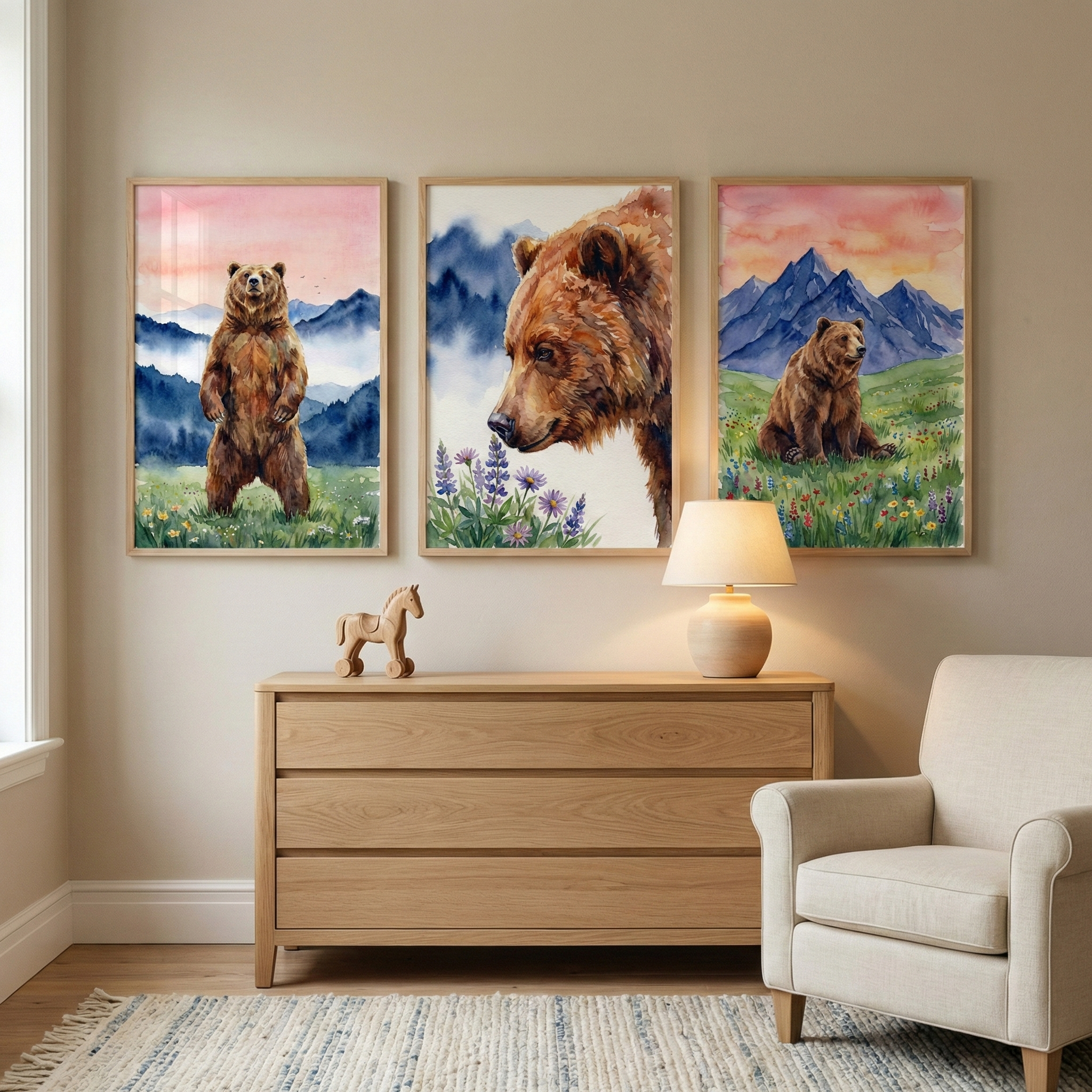 Watercolor Bear Kids Room Wall Art Set of 3 - Majestic Mountain Bears