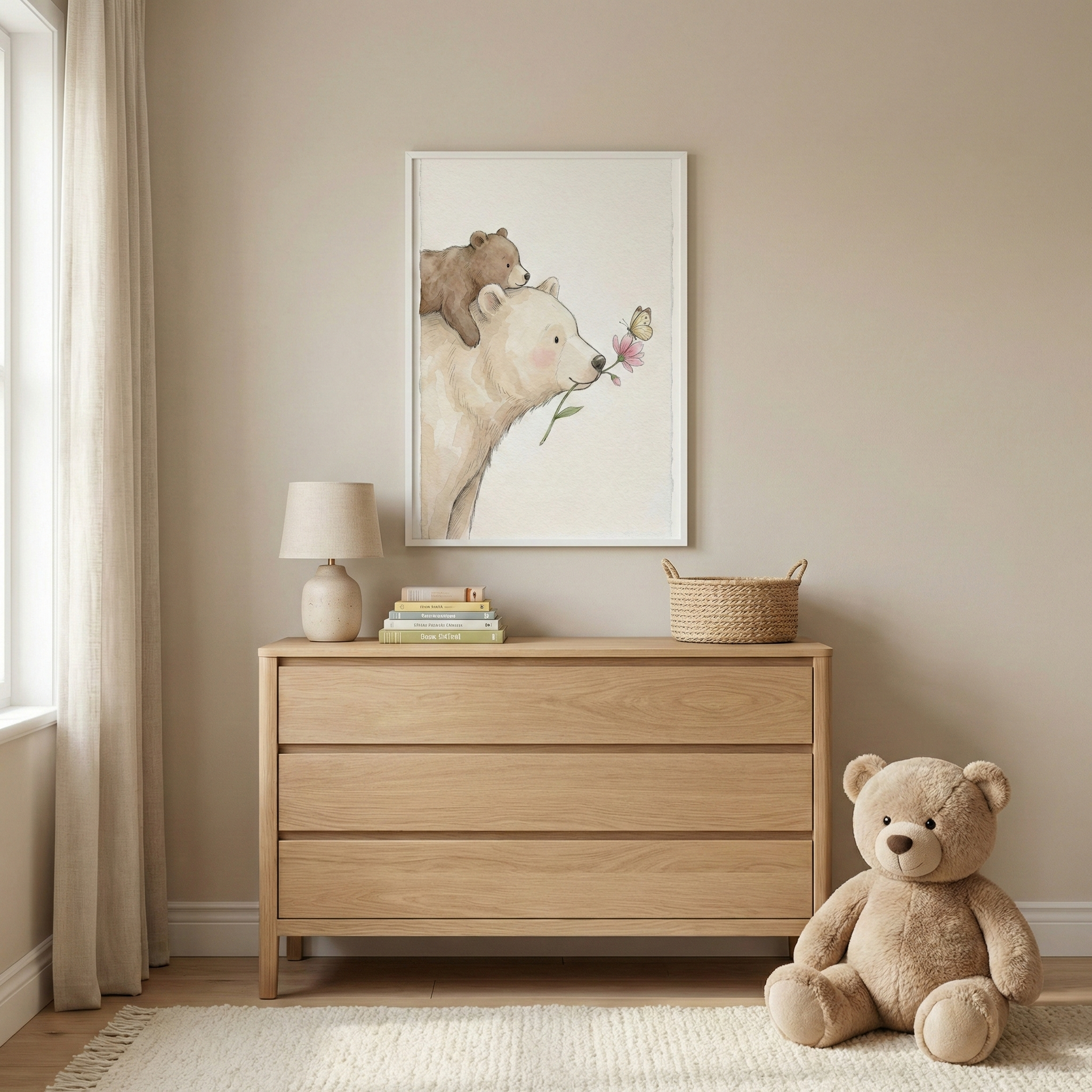 A serene nursery features a light wood three-drawer dresser set against a neutral beige wall. Above the dresser hangs a framed illustration of a large white bear with a small brown cub resting on its head. The bear holds a delicate pink flower in its mouth, attracting a small butterfly. On the dresser, a simple table lamp, a stack of books, and a small woven basket are neatly arranged. A large, soft plush bear sits on a textured cream rug on the floor beside the furniture.