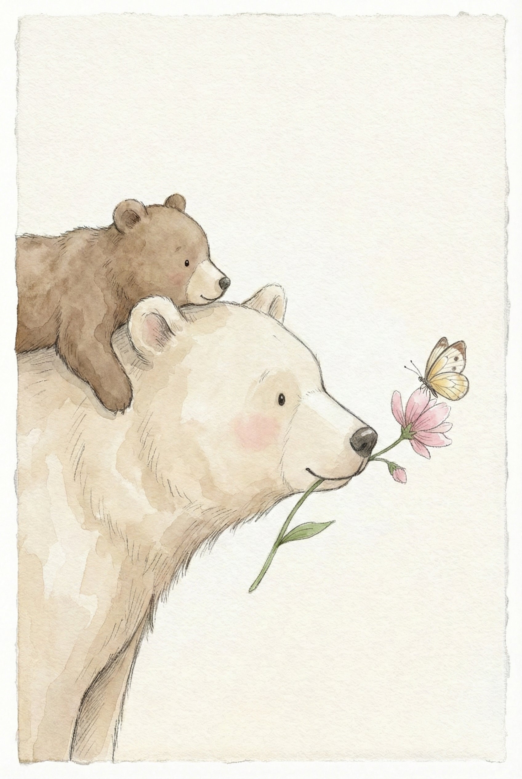 A soft watercolor illustration of a large cream-colored bear with a small brown cub resting on its back. The larger bear is depicted from the side, looking forward with a gentle expression and a light pink blush on its cheek. It holds a single pink flower by its stem in its mouth. A delicate yellow butterfly is perched on the petals of the flower. The art has a minimalist, whimsical feel with visible brushstrokes and paper texture in the background.