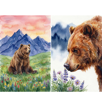 Two watercolor paintings of brown bears in alpine landscapes beneath a warm pink sky. One shows a brown bear sitting in a meadow filled with colorful wildflowers with tall blue mountains behind it, while the other shows a close side profile portrait of a brown bear beside purple flowers with misty blue forested mountains in the background.