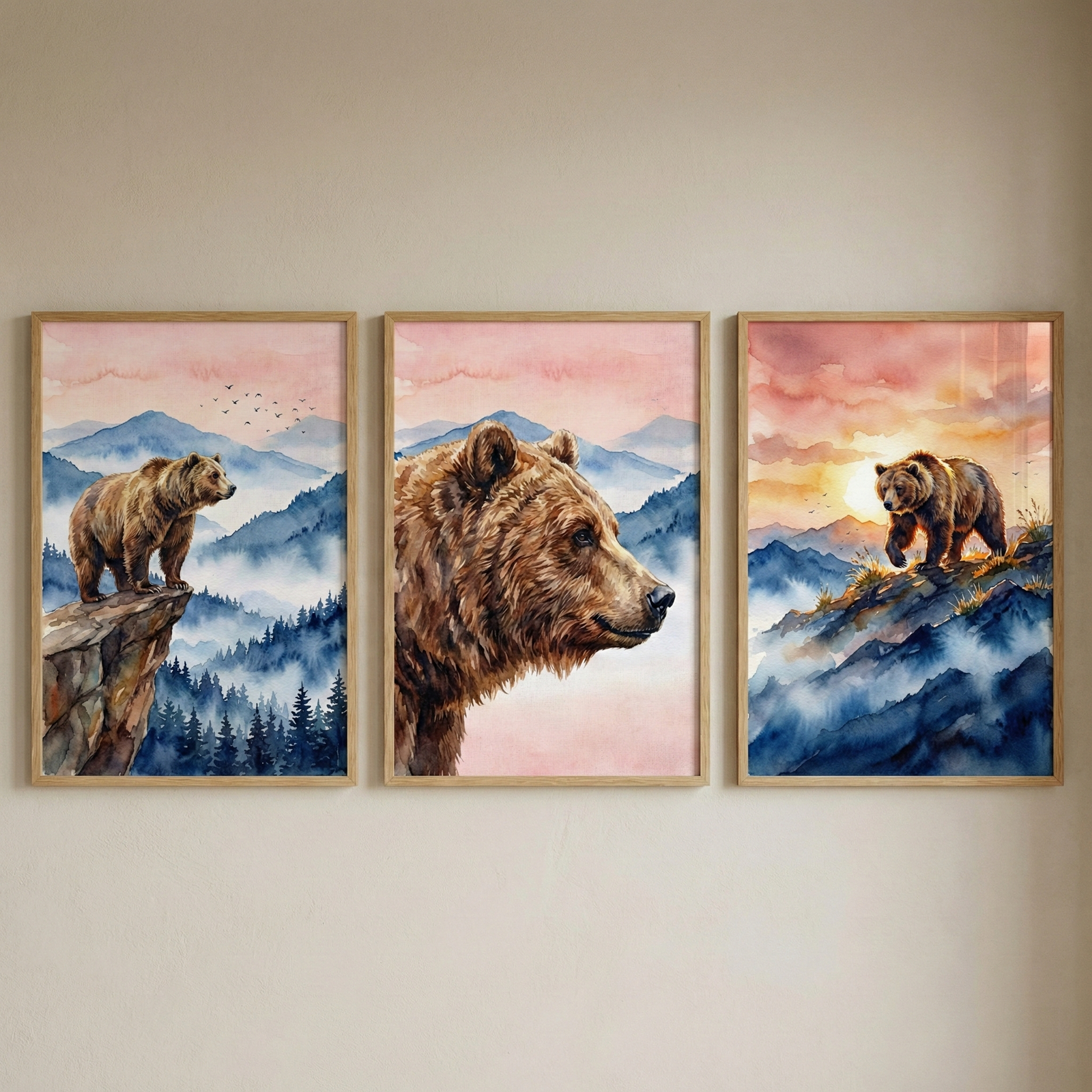 Three framed pieces of nature-themed art hang horizontally on a neutral wall. The watercolor-style illustrations feature brown bears in mountainous landscapes during a soft-hued sunrise or sunset. On the left, a bear stands on a cliff edge above a misty forest. The center piece shows a large close-up profile of a bear's head. On the right, a bear walks along a high ridge toward a glowing sun. The art uses a palette of blues, pinks, and browns, all encased in thin, light wood frames.