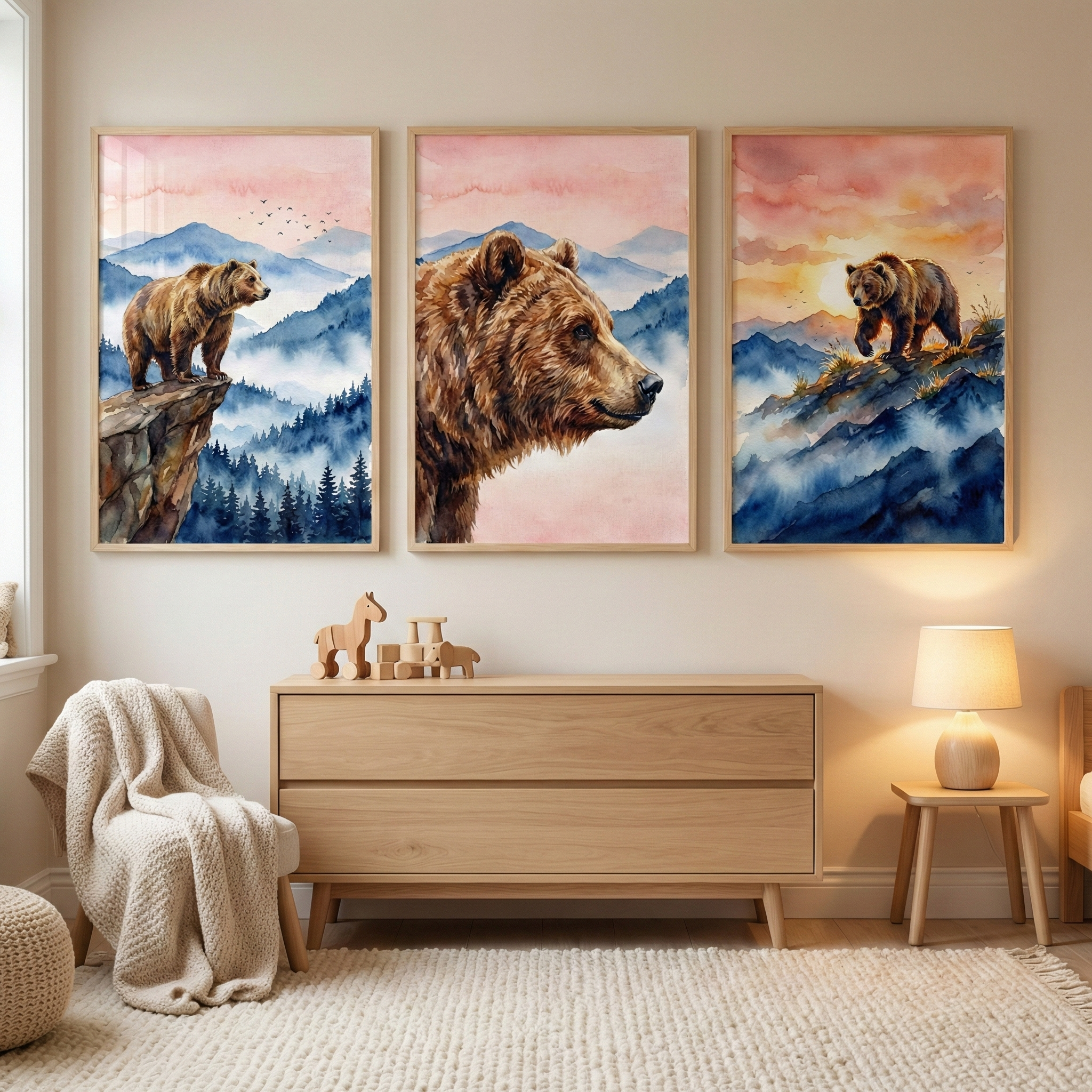Bear Wall Art For Kids Room Set of 3 - Wilderness Bear Spirit