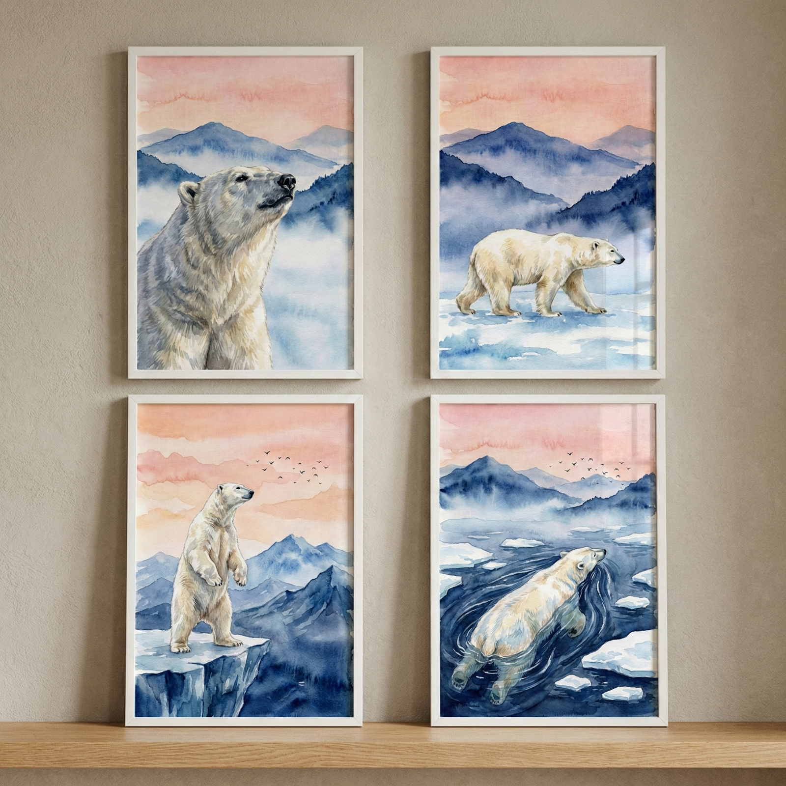 Four white-framed watercolor-style illustrations are arranged in a square on a beige wall above a wooden shelf. Each artwork features a polar bear in a snowy landscape with blue mountains and a peach-colored sky. The top left is a close-up of a bear looking up, the top right shows one walking across ice, the bottom left features a bear standing on its hind legs on a cliff, and the bottom right depicts one swimming in dark blue water among floating ice floes.