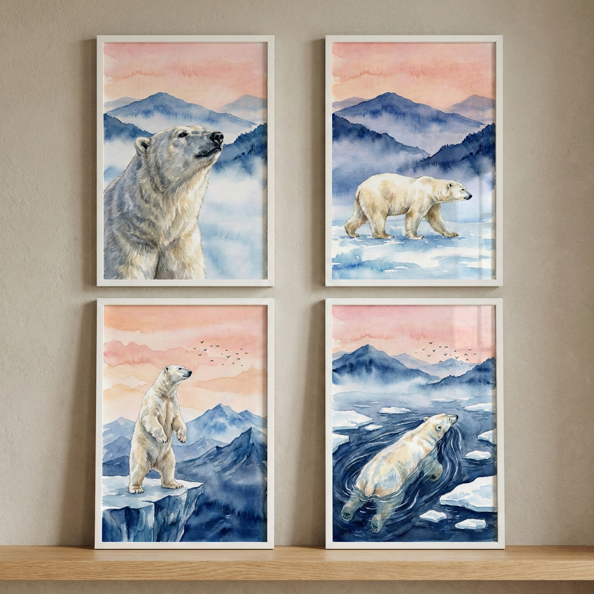 Polar Bear Wall Art Set of 4 - Majestic Polar Bear