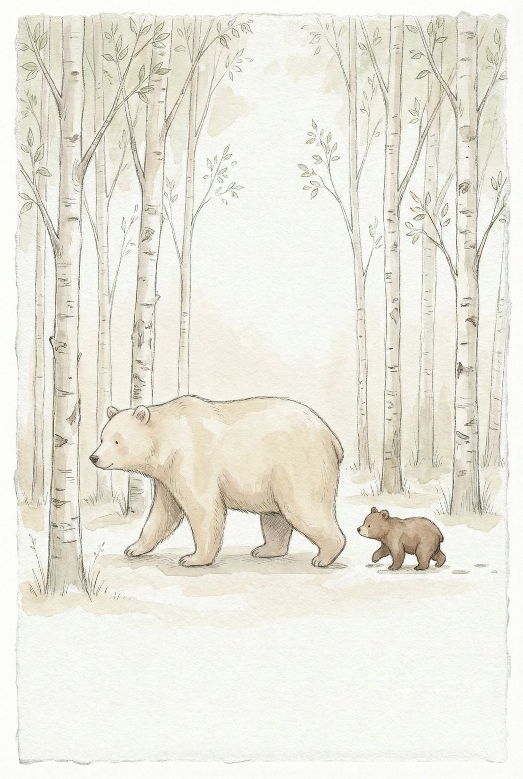 A soft watercolor illustration features a large, cream-colored bear and a small brown cub walking through a forest of tall, thin birch trees. The bears are positioned in the center, moving from right to left. The background is filled with slender tree trunks and sparse leaves in muted tones of beige and light green. The overall style is delicate and whimsical, using light color washes and thin outlines on a textured paper background.