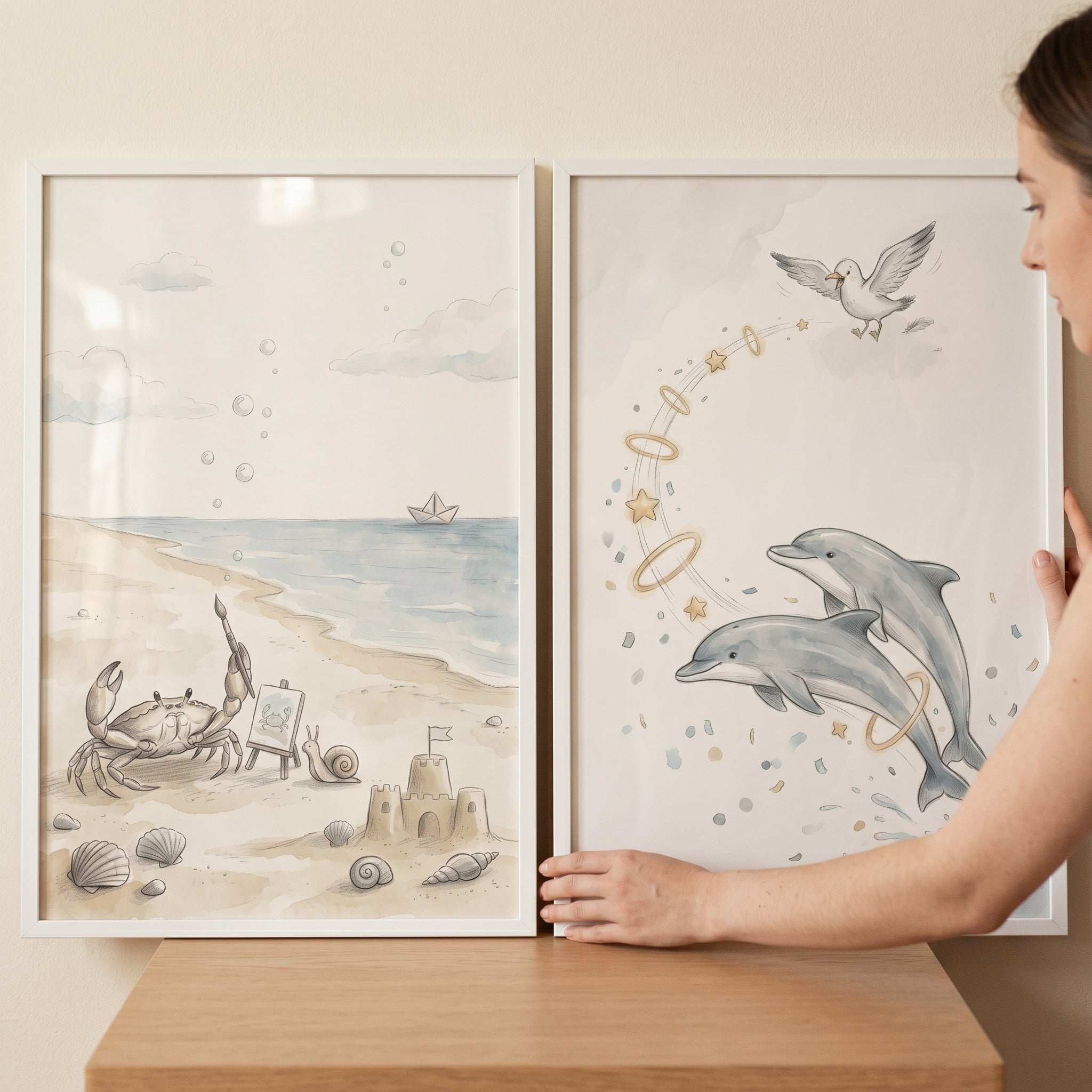 Watercolor Beige Ocean Animal Wall Art Set of 2 - Whimsical Beach Friends
