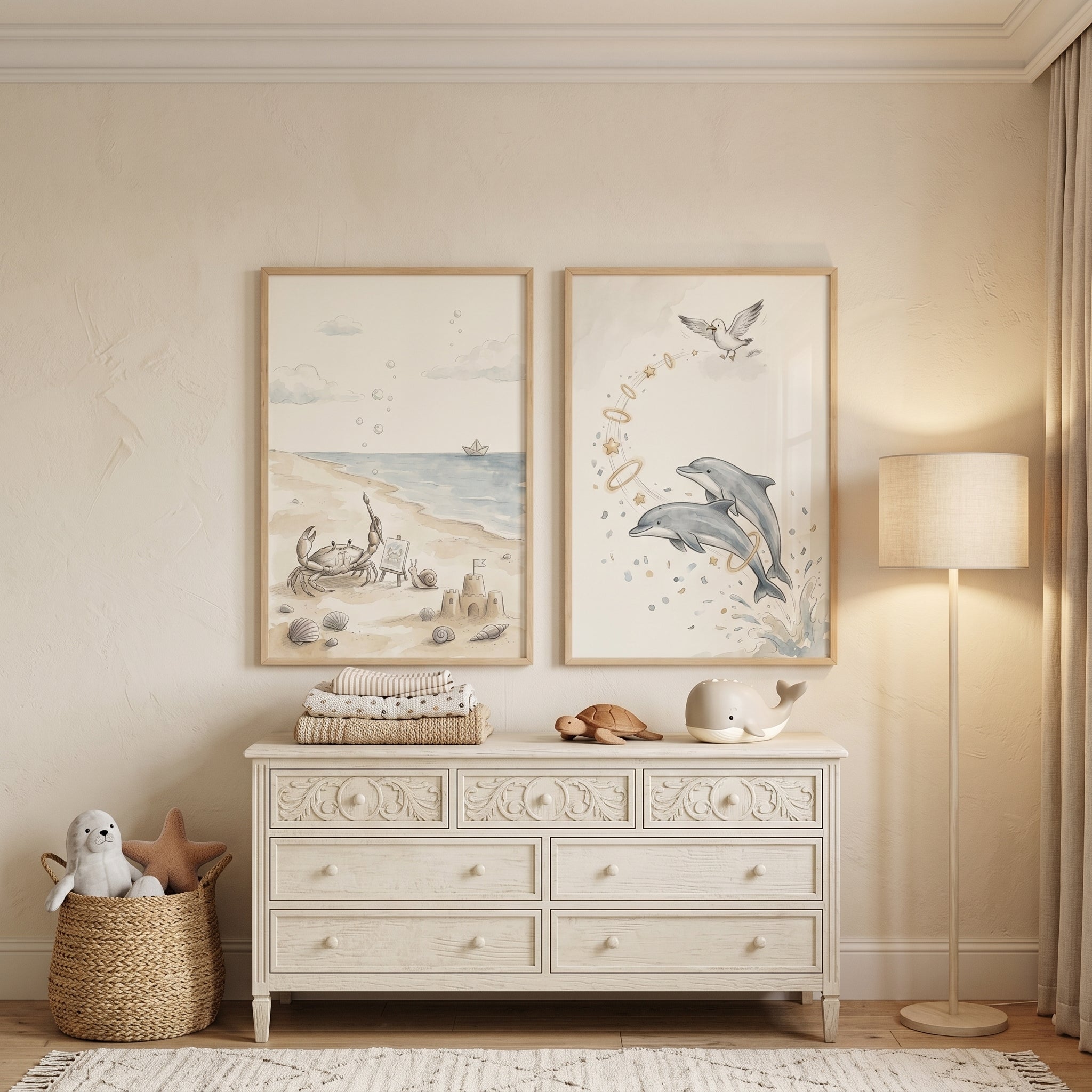 Watercolor Beige Ocean Animal Wall Art Set of 2 - Whimsical Beach Friends