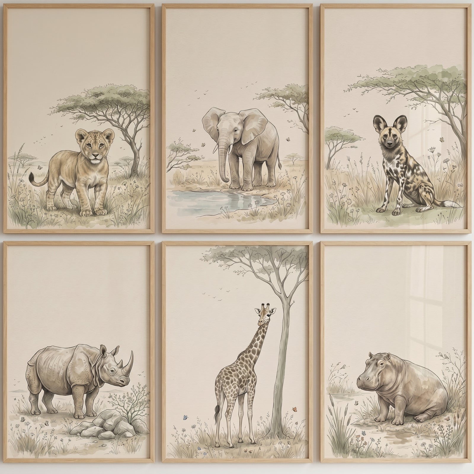 Watercolor beige safari animals wall art set of 6 featuring a lion cub, elephant, wild dog, rhino, giraffe, and hippo.