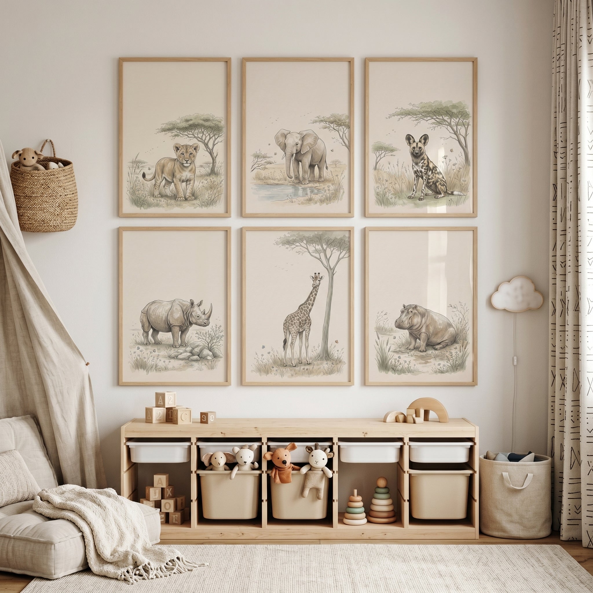 Watercolor Beige Safari Animals Wall Art Set of 6 - Soft Savanna Wildlife