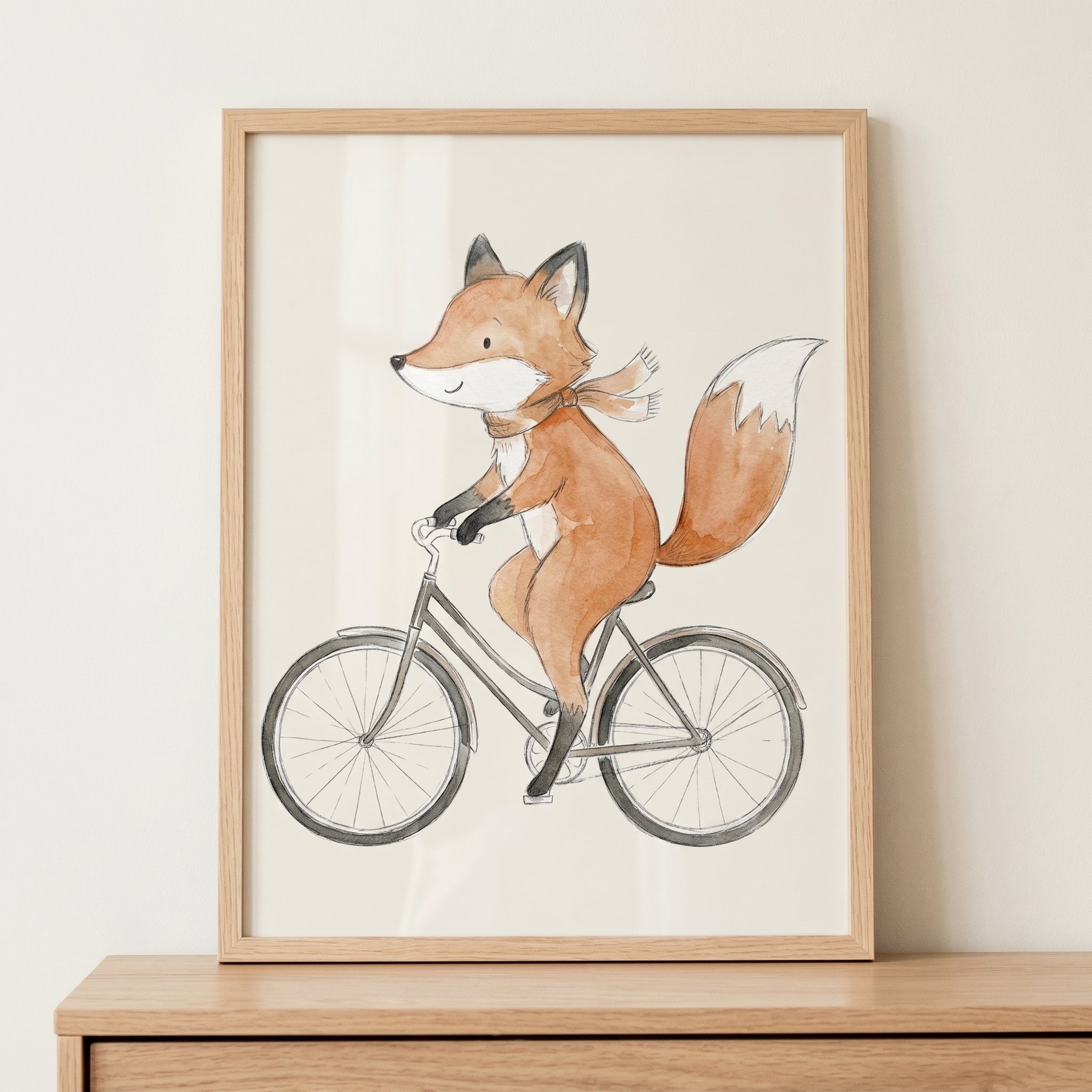 Watercolor Bicycle Riding Fox Wall Art - Cycling Red Fox