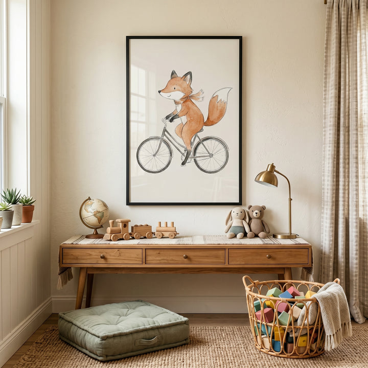 watercolor bicycle riding fox wall art hangs above a desk with wooden toys, a floor cushion, and a basket of blocks.