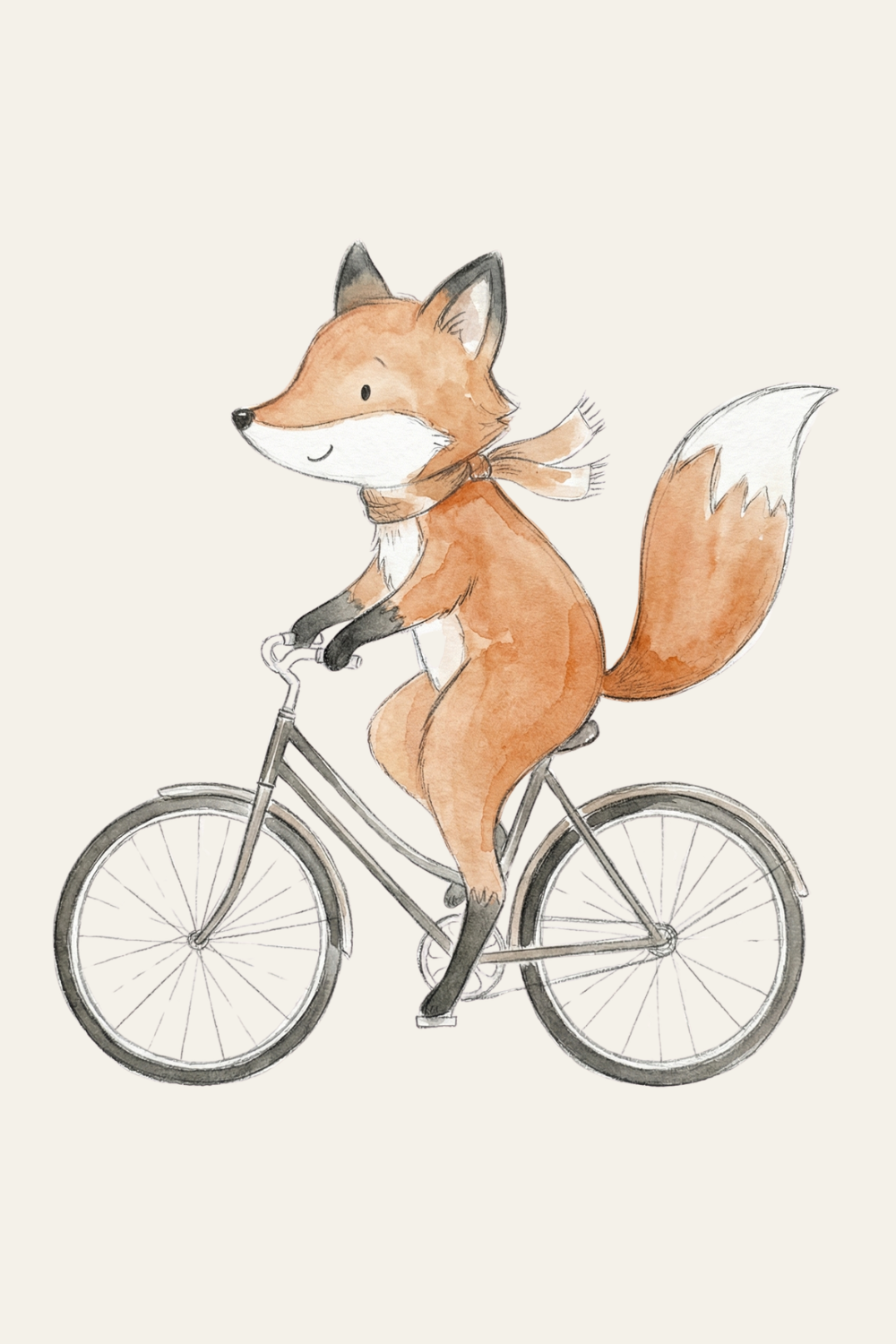 Watercolor Bicycle Riding Fox Wall Art - Cycling Red Fox