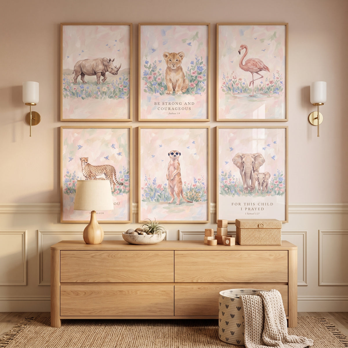 Watercolor Bird Safari Animal Wall Art Set of 6 - Faithful Savannah Friends