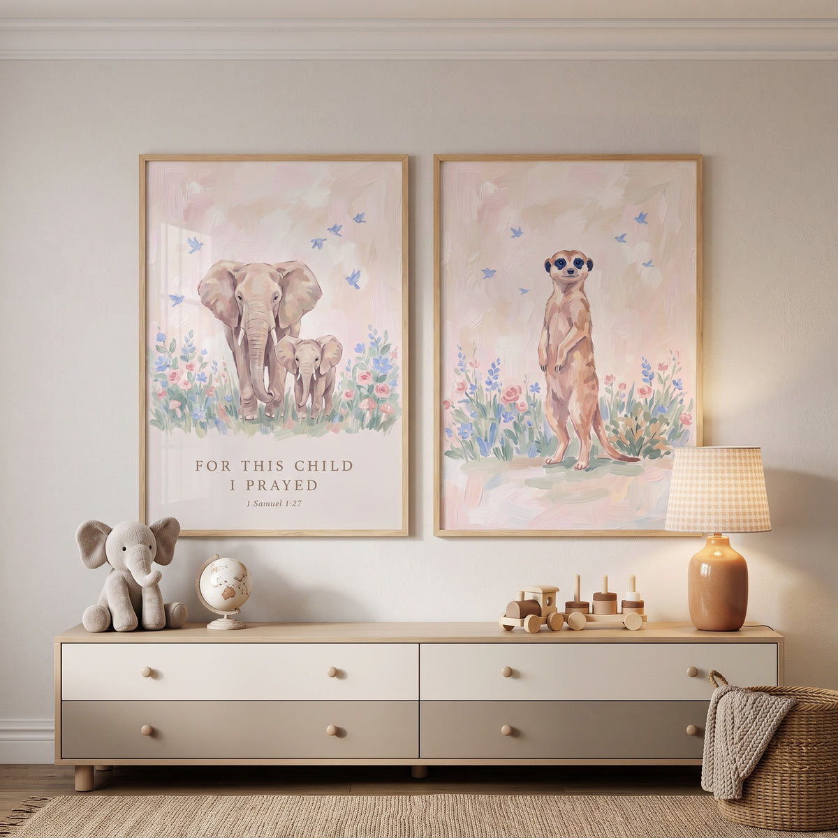 Watercolor Bloom Safari Animals Wall Art Set of 2 - Safari Prayer Prints