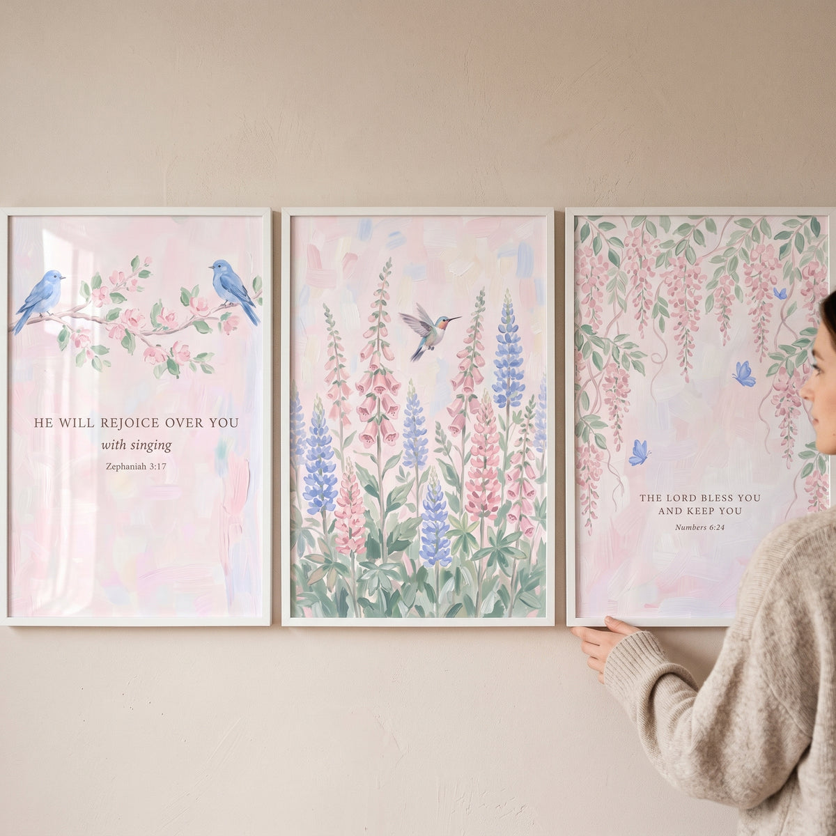 Watercolor Blue Accent Garden Wall Art Set Of 3 - Sacred Floral Verse