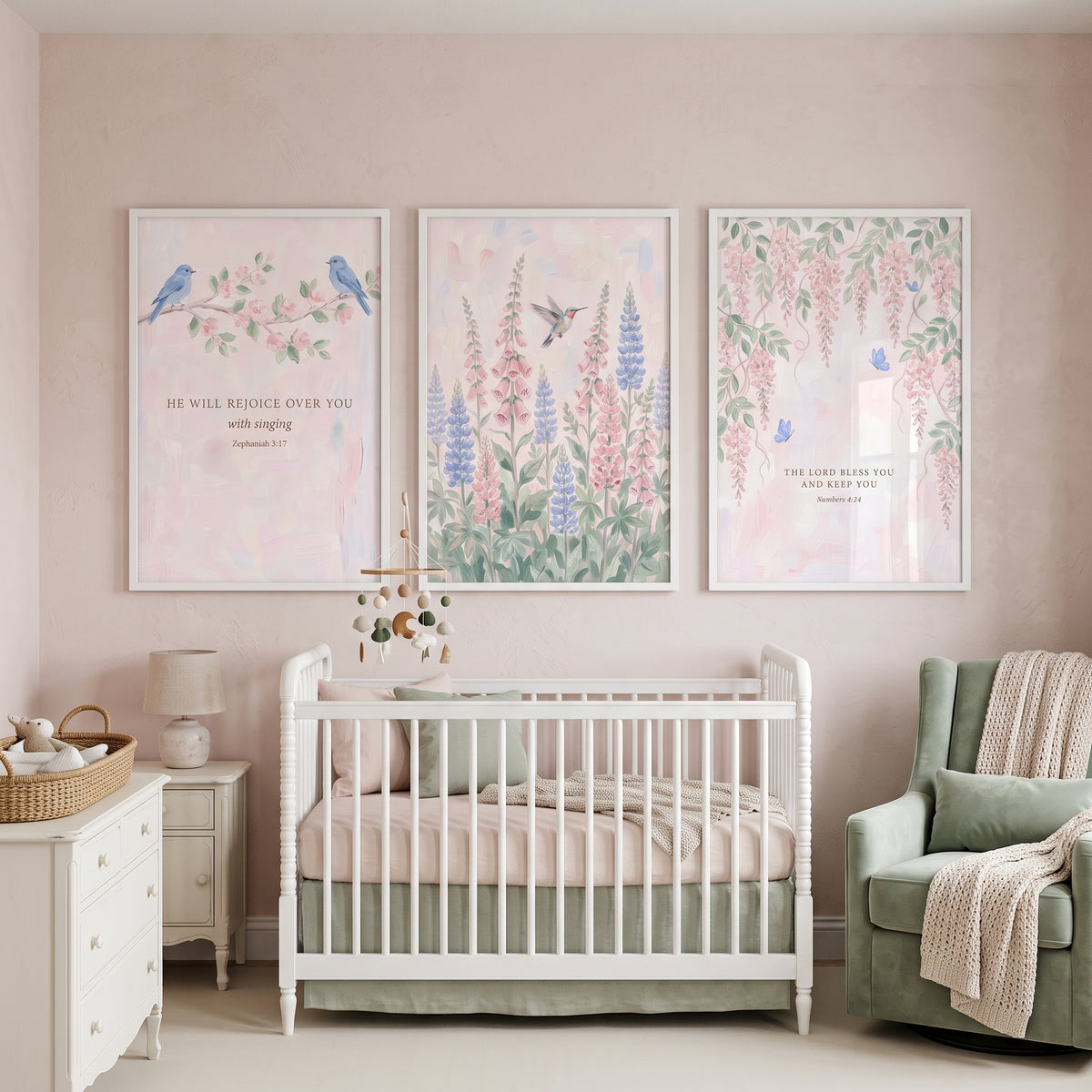Watercolor Blue Accent Garden Wall Art Set Of 3 - Sacred Floral Verse