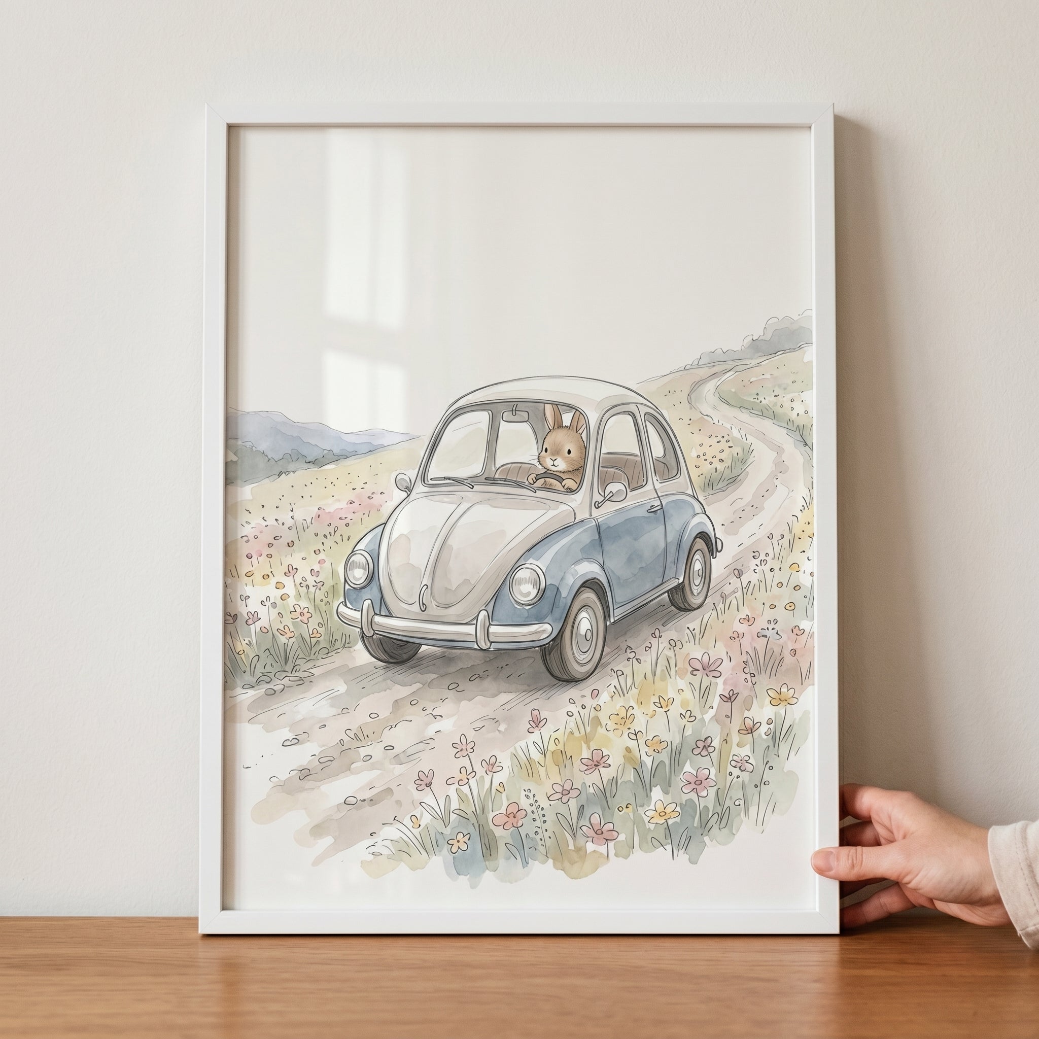 Watercolor Blue Car Bunny Wall Art - Bunny's Scenic Drive