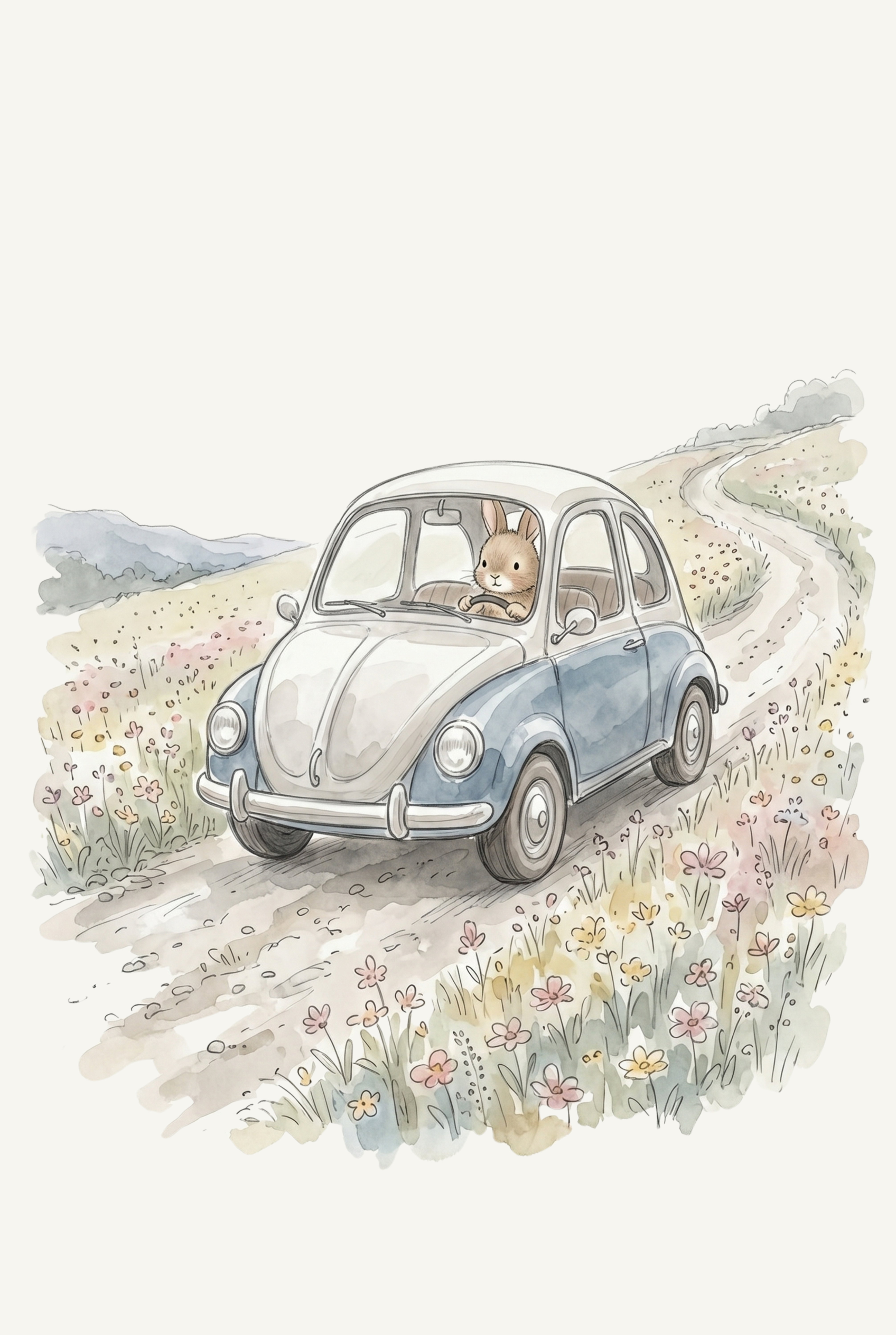 Watercolor Blue Car Bunny Wall Art - Bunny's Scenic Drive