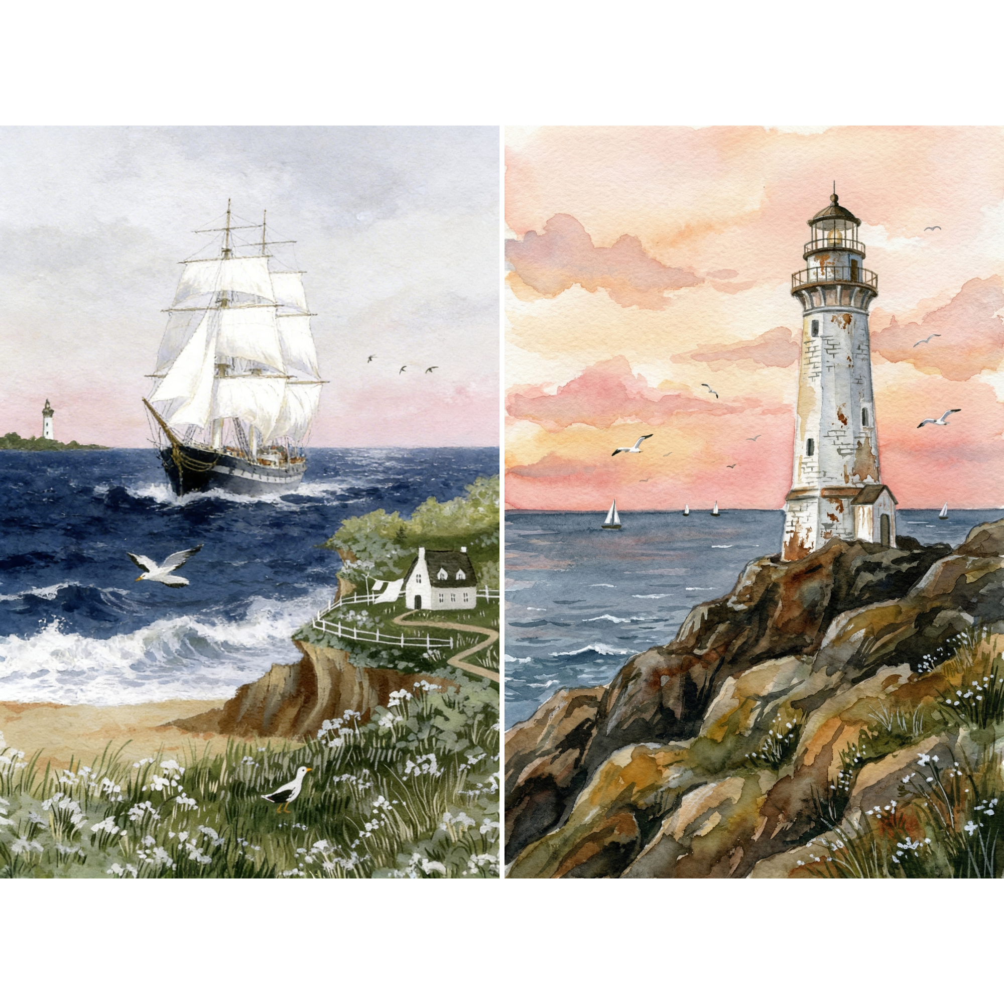 Watercolor Blue Coastal Landscape Wall Art Set of 2 - Coastal Maritime Scenes