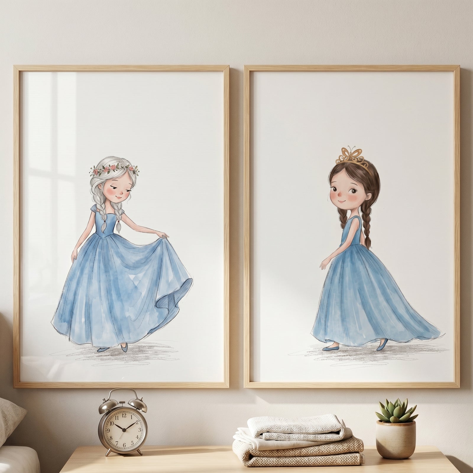 Watercolor blue gown princess wall art set of 2 featuring girls in flowing dresses with crowns and floral headbands.