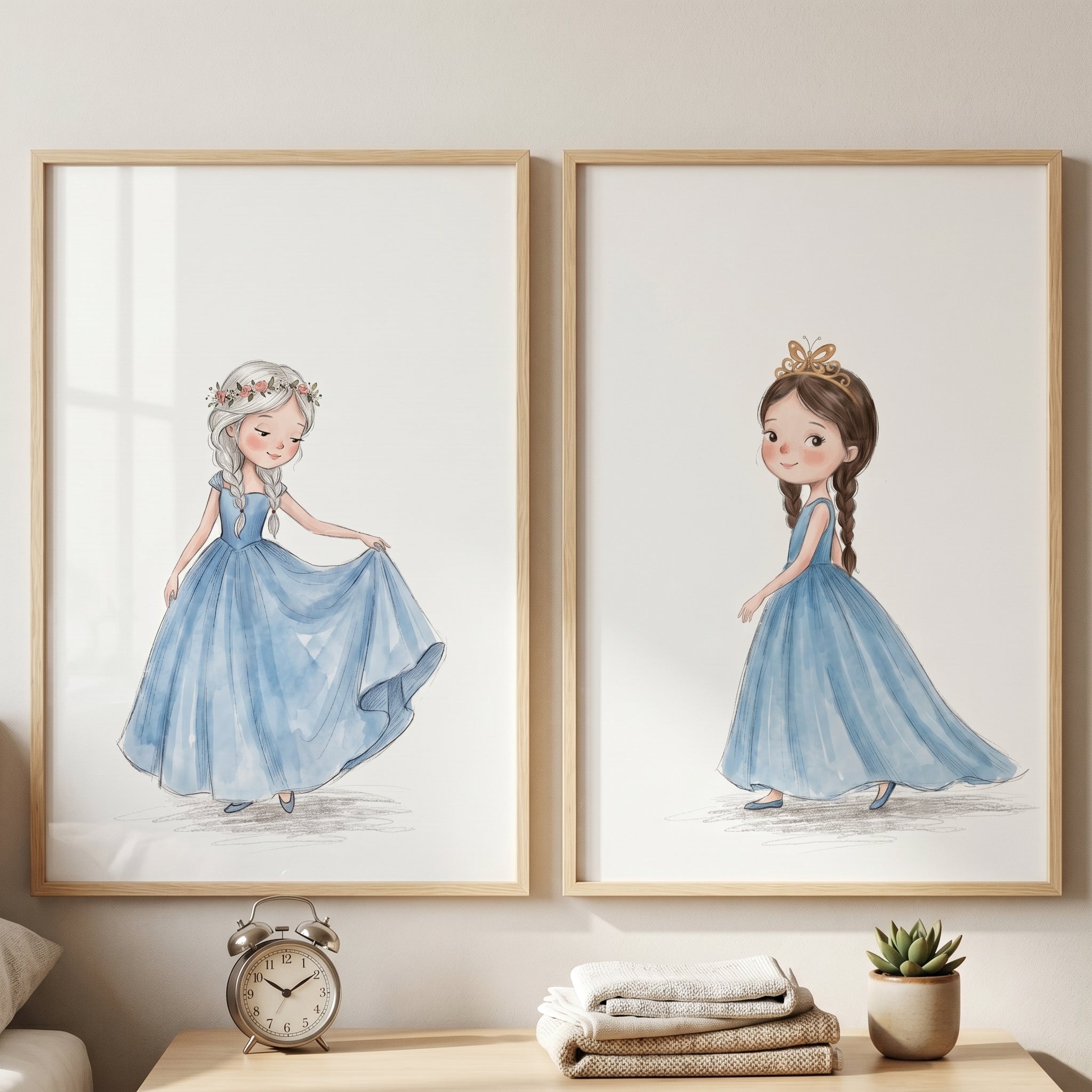 Watercolor Blue Gown Princess Wall Art Set of 2 - Little Blue Princesses