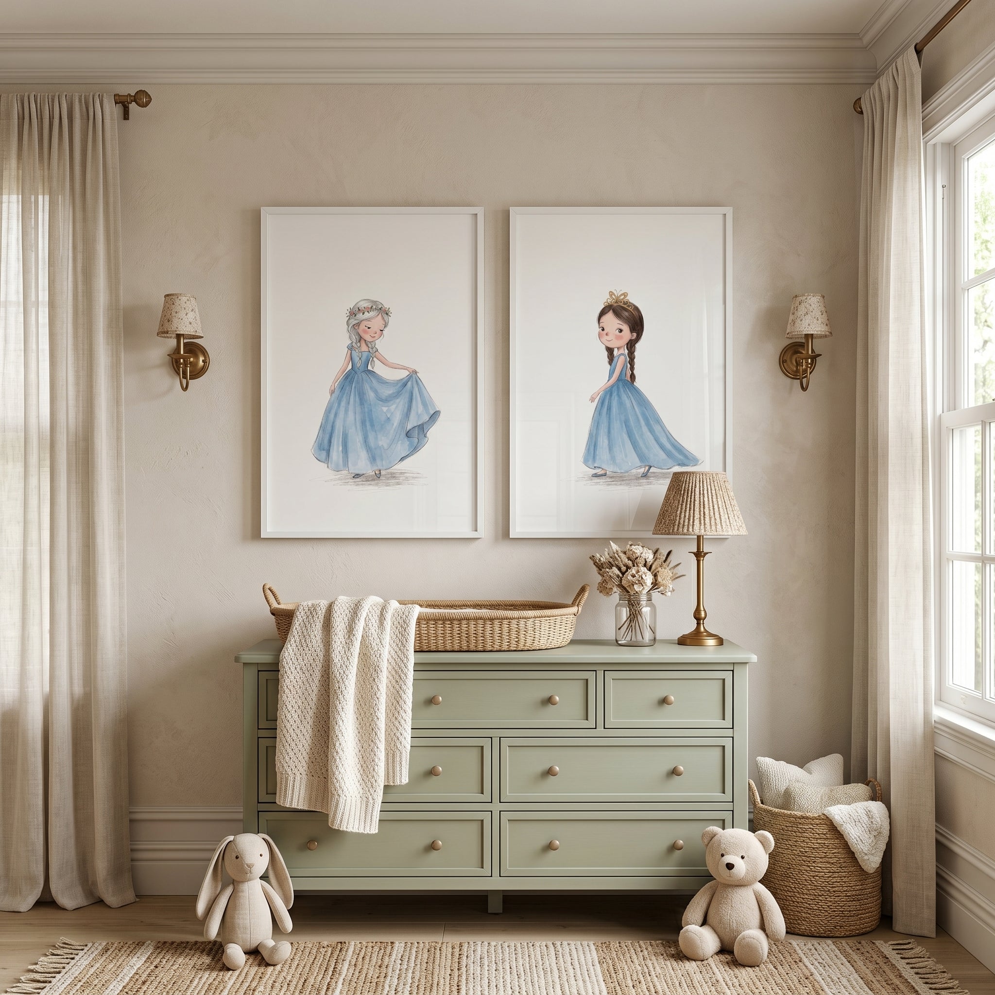 Watercolor Blue Gown Princess Wall Art Set of 2 - Little Blue Princesses