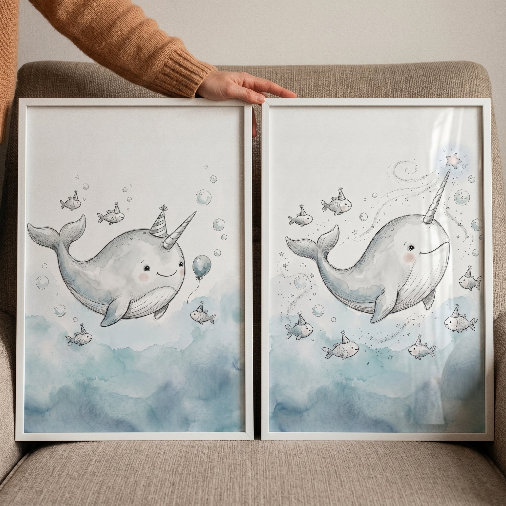 Watercolor Blue Narwhal Wall Art Set Of 2 - Whimsical Narwhal Magic