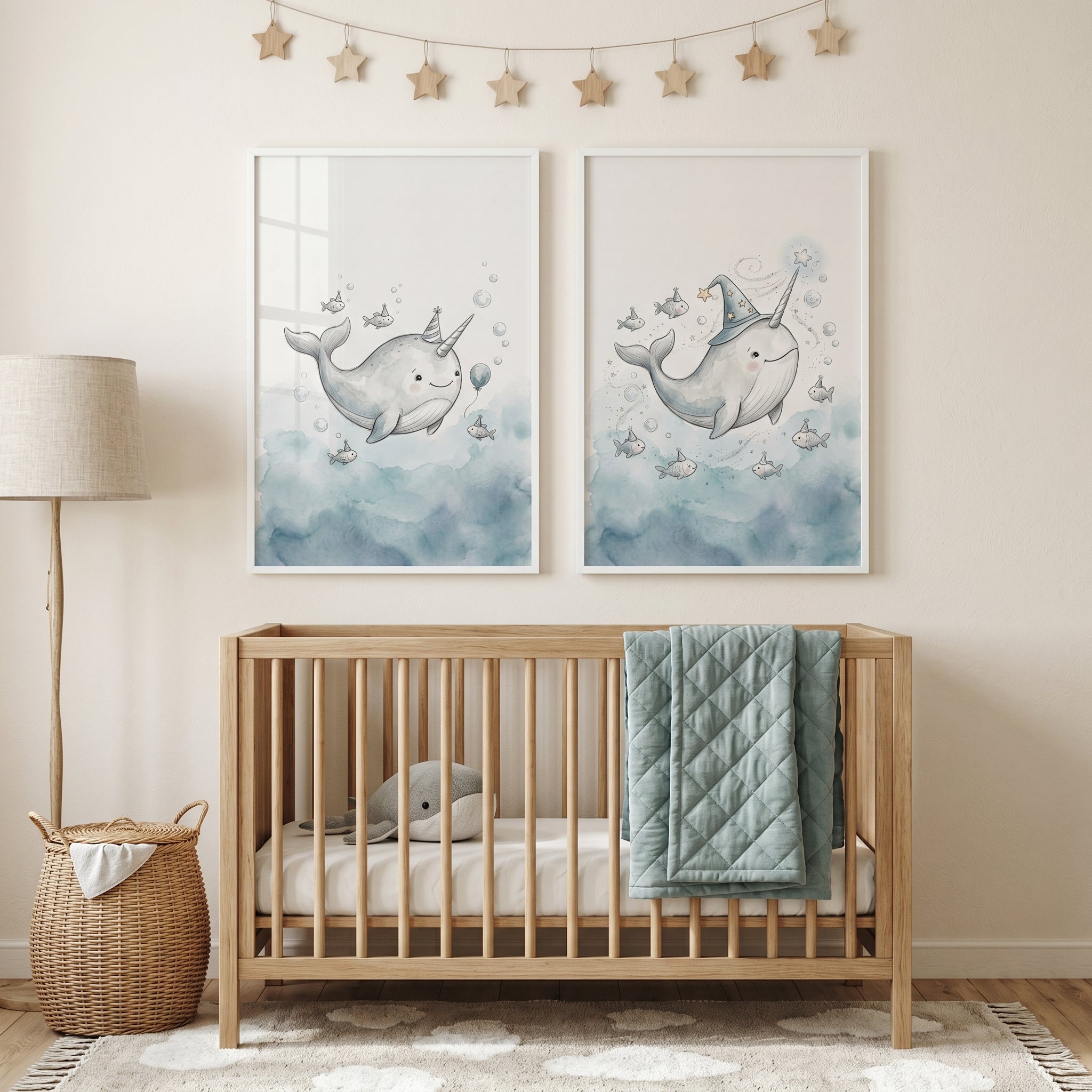 Watercolor Blue Narwhal Wall Art Set Of 2 - Whimsical Narwhal Magic