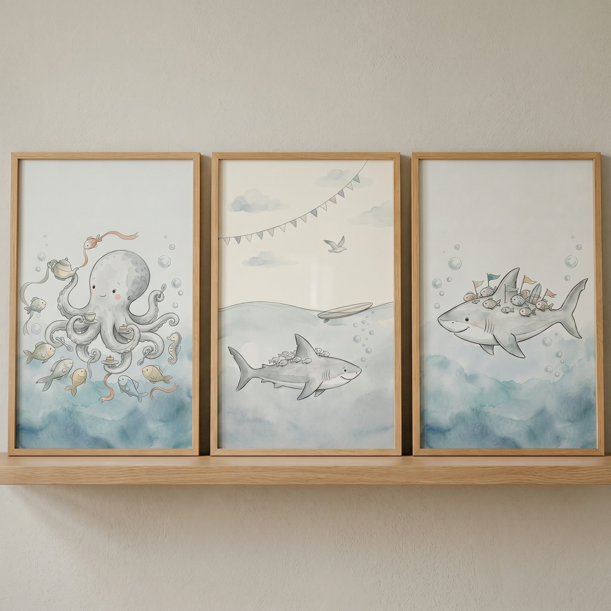 Watercolor Blue Sea Animal Wall Art Set Of 3 - Ocean Adventure Trio