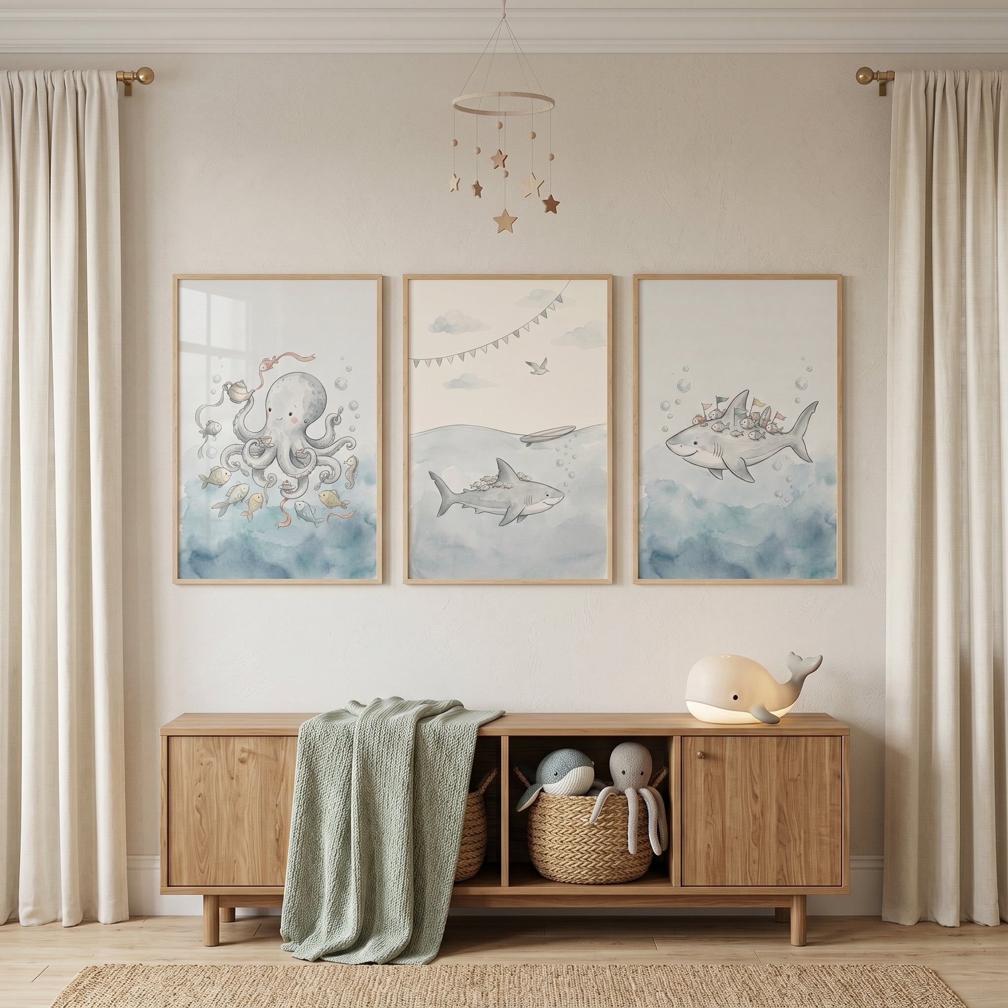 Watercolor Blue Sea Animal Wall Art Set Of 3 - Ocean Adventure Trio
