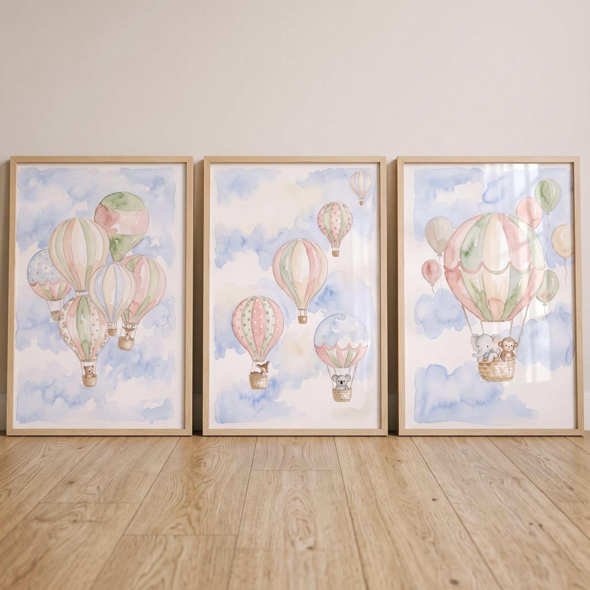 Watercolor Blue Sky Balloon Wall Art Set Of 3 - Pastel Sky Friends