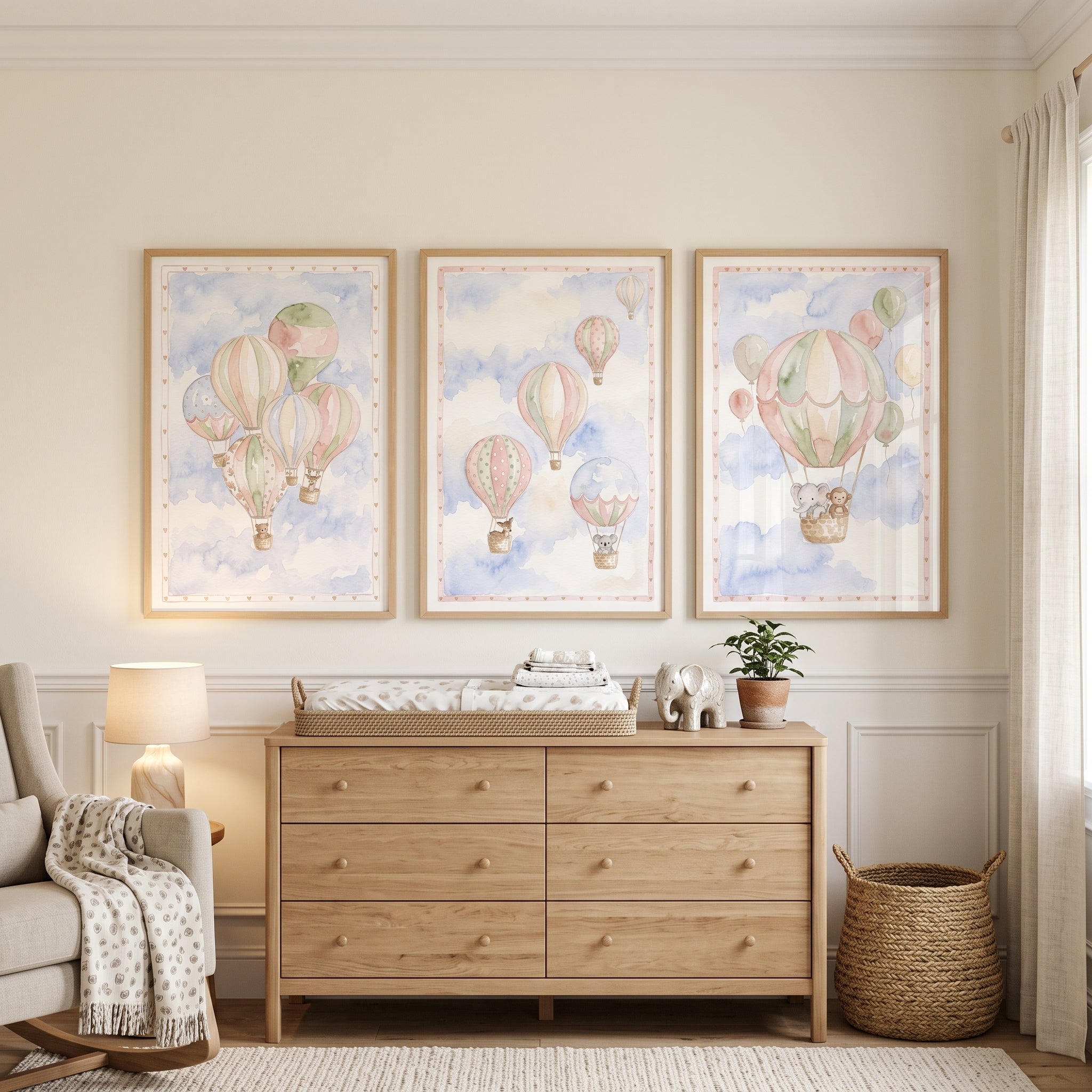 Watercolor Blue Sky Balloon Wall Art Set Of 3 - Pastel Sky Friends